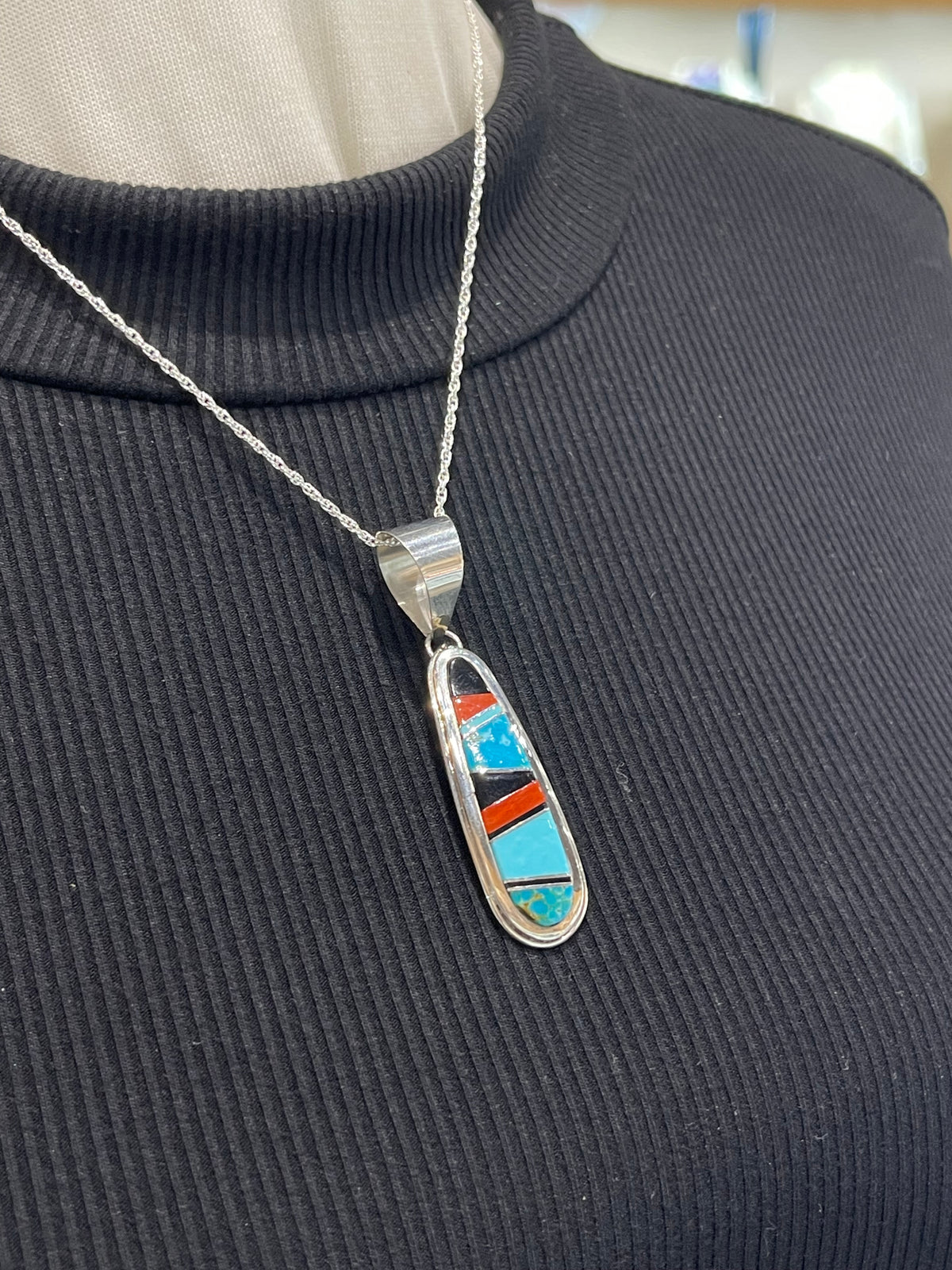 18” 12.5mm Bail Inlay Pendant by Victor Maritza, Zuni