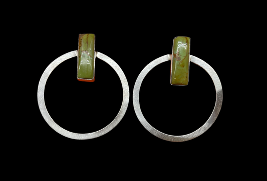 Green Nevada Turquoise Bar with Sterling Silver Hoops by Elouise Kee, Navajo