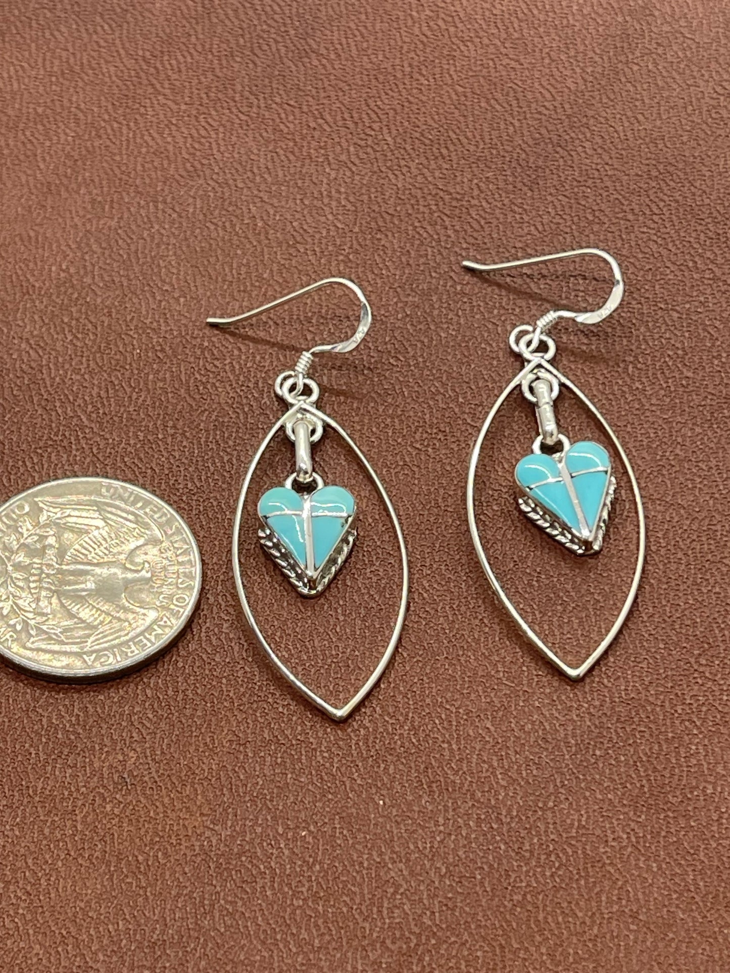 Heart Turquoise Inlay Dangle Earrings by Velda Nastacio, Zuni