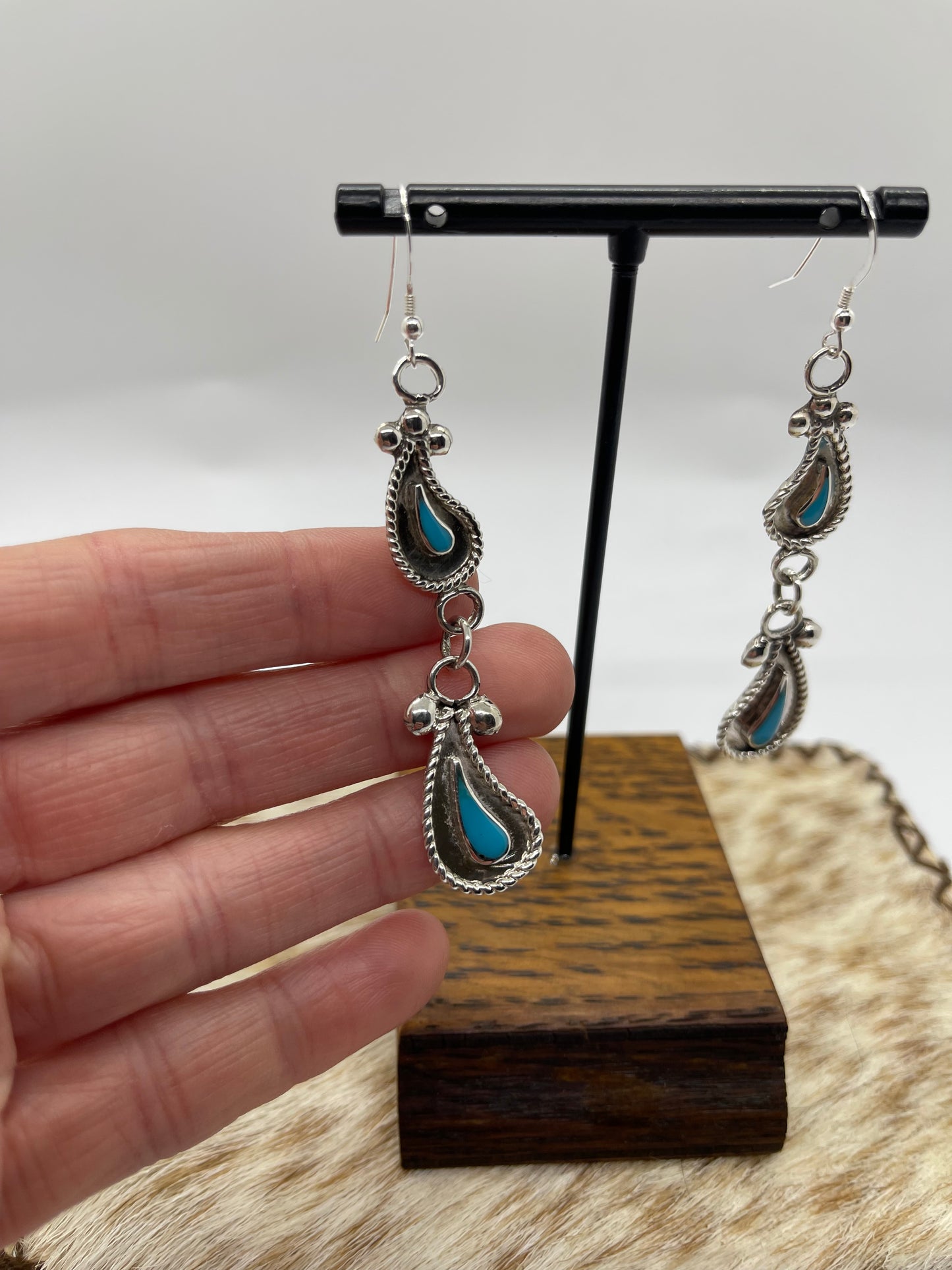 Turquoise and Silver Paisley Dangle Earrings by Gilbert Weebothee, Zuni