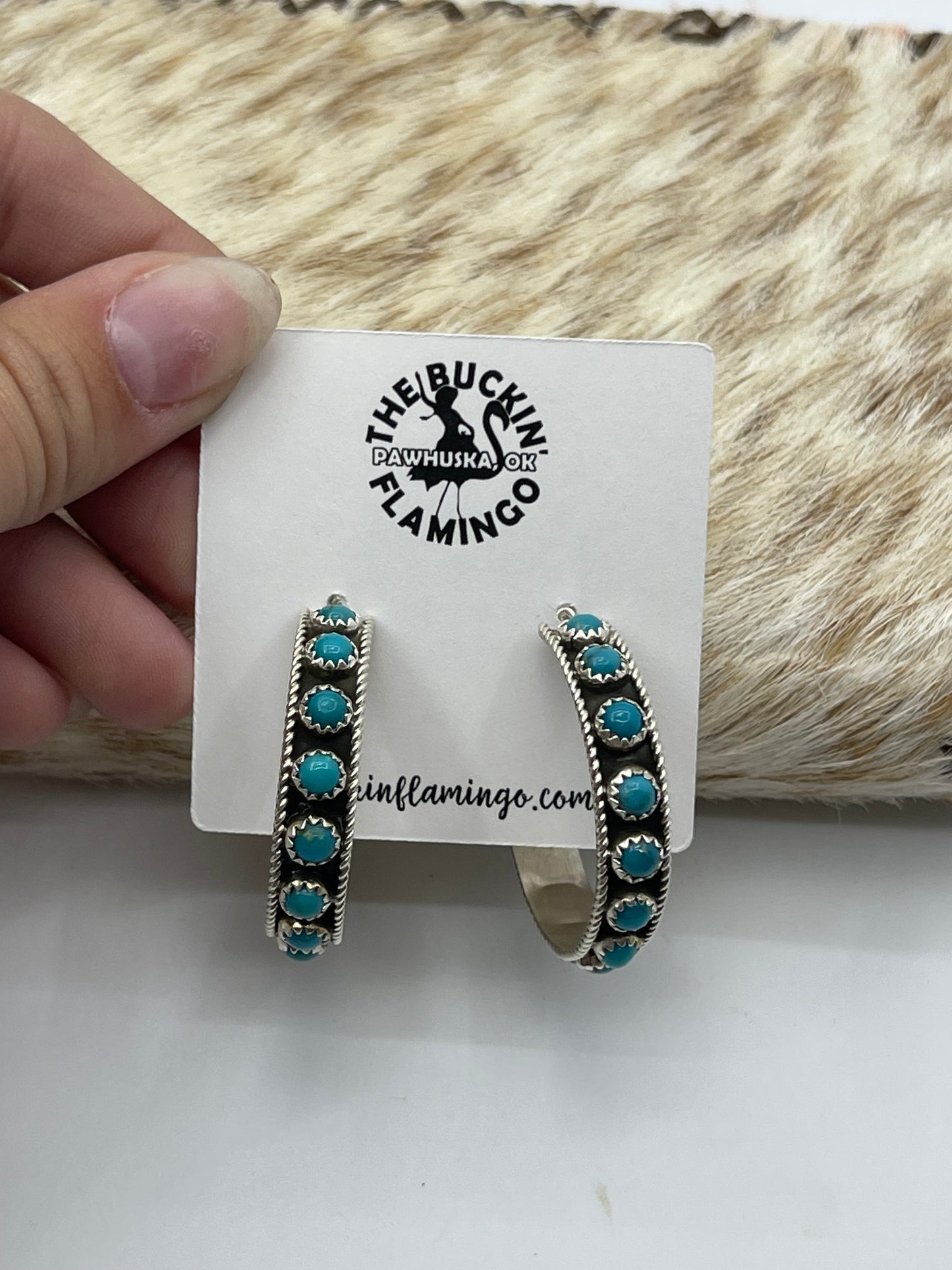 Turquoise Post Hoop Earrings by Falencia Yazzie, Navajo