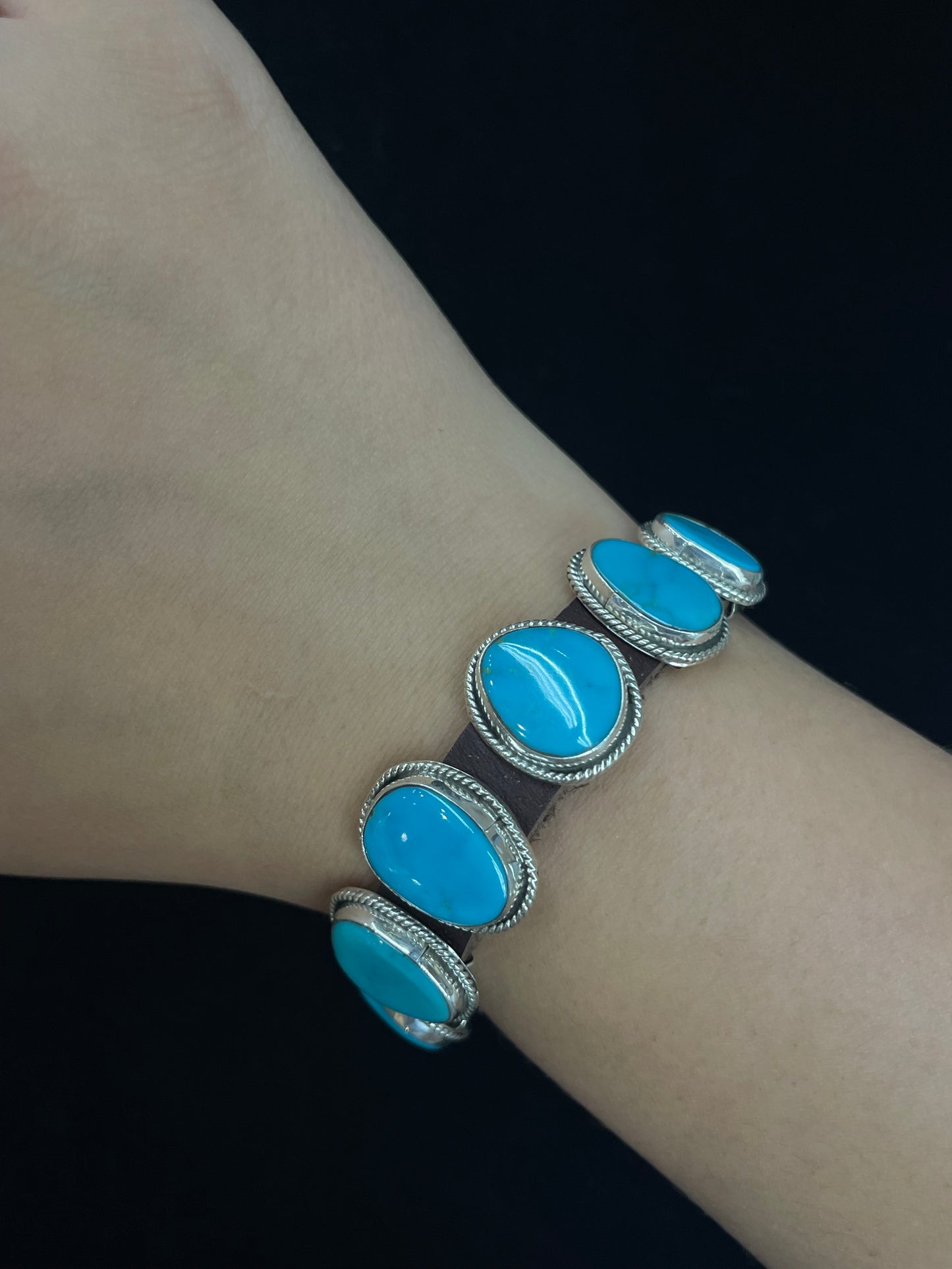 6 3/4"- 9" Leather Bracelet with Turquoise Stones by Marie Thompson, Navajo