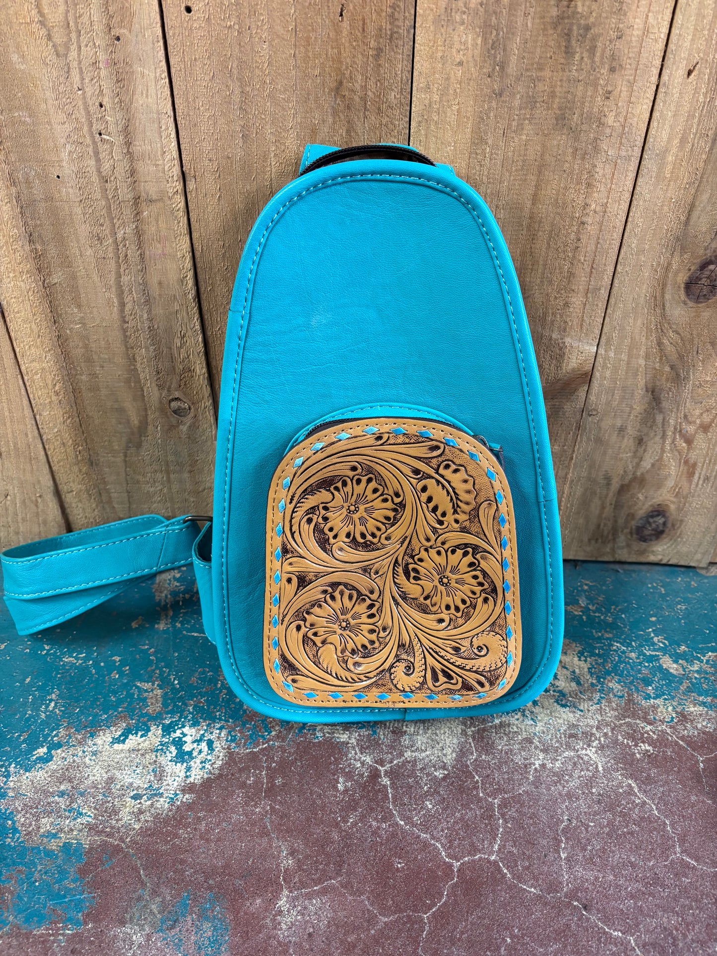 Turquoise Leather Flower Tooled Sling Bag/Purse