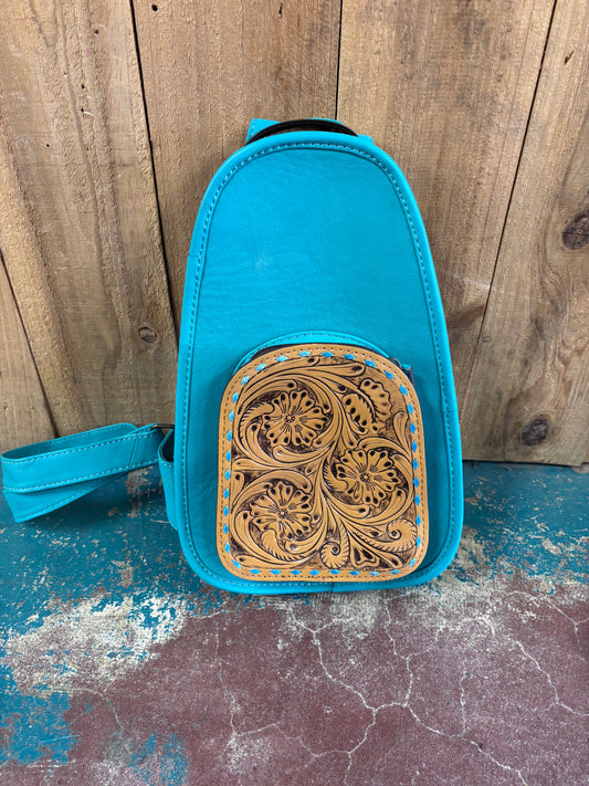 Turquoise Leather Flower Tooled Sling Bag/Purse