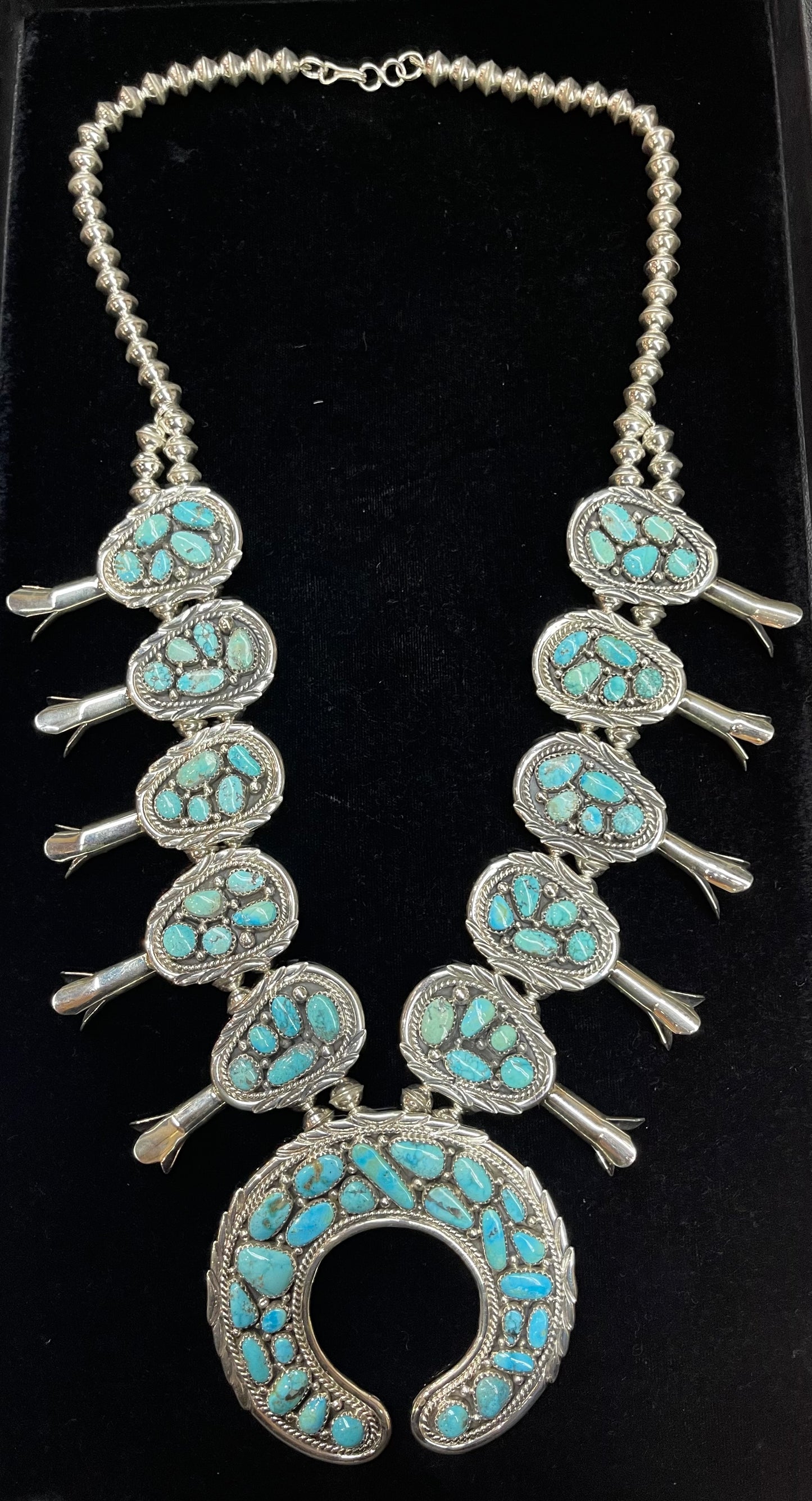 24" Kingman Turquoise Squash Blossom with Matching Dangle Earrings by A. Spencer, Navajo