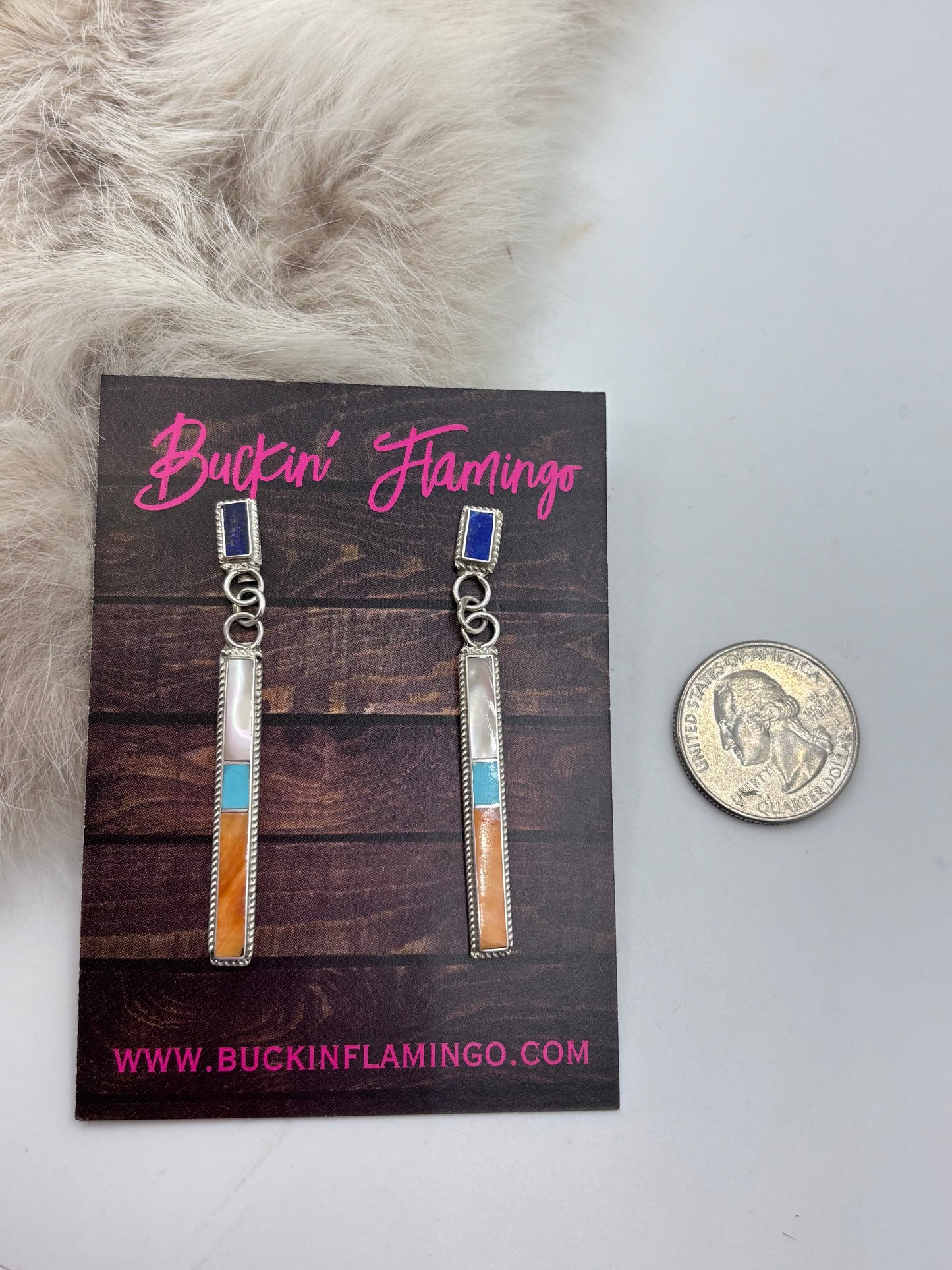 Inlay Long Dangle Post Earrings by Ricky T. Booqua , Zuni