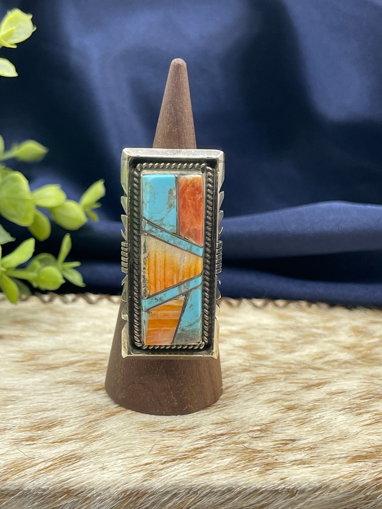 9.0 Orange Spiny Oyster & Turquoise Rectangle Inlaid Ring