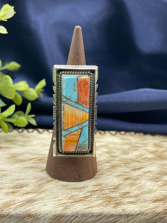 9.0 Orange Spiny Oyster & Turquoise Rectangle Inlaid Ring