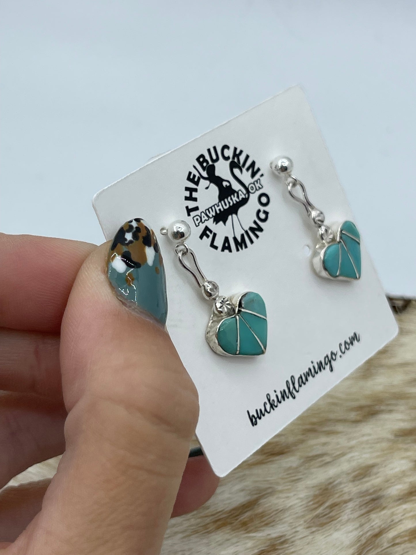 Inlaid Heart Post Dangle Earrings, Zuni