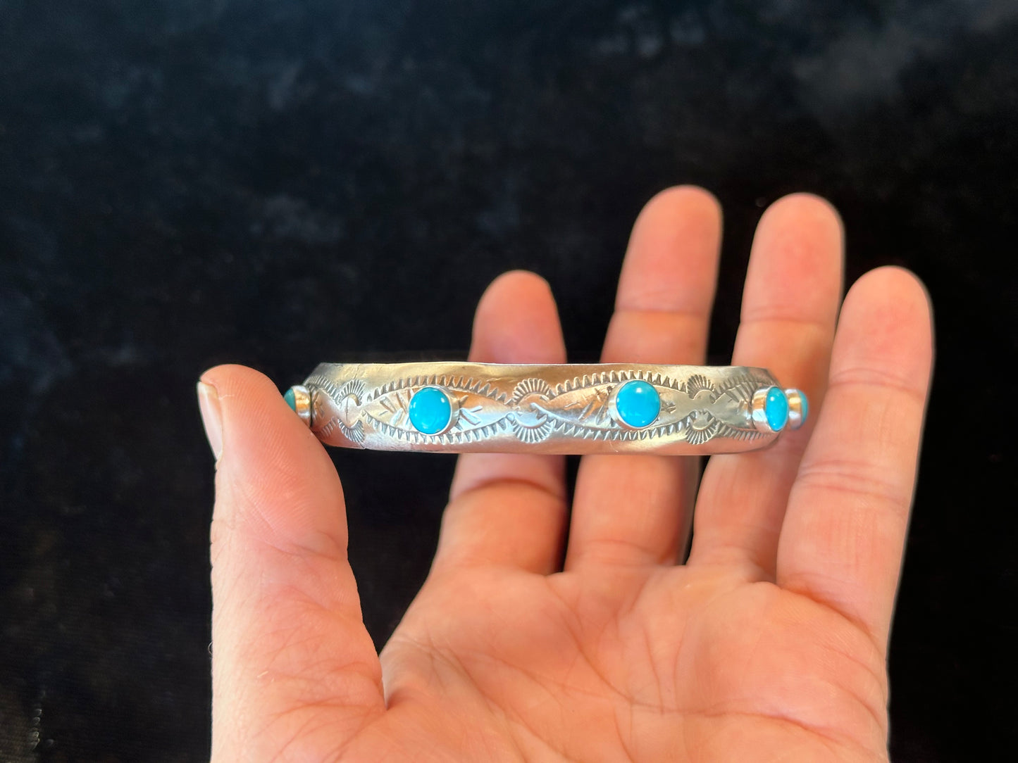 7 3/4" Sleeping Beauty Turquoise Stamped Bangle by Boyd Ashley, Navajo