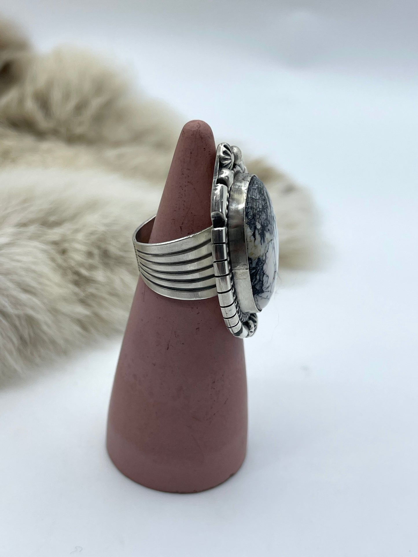 Adjustable 7.0-11.0 White Buffalo Ring by Ricardo Jurado, Mexican