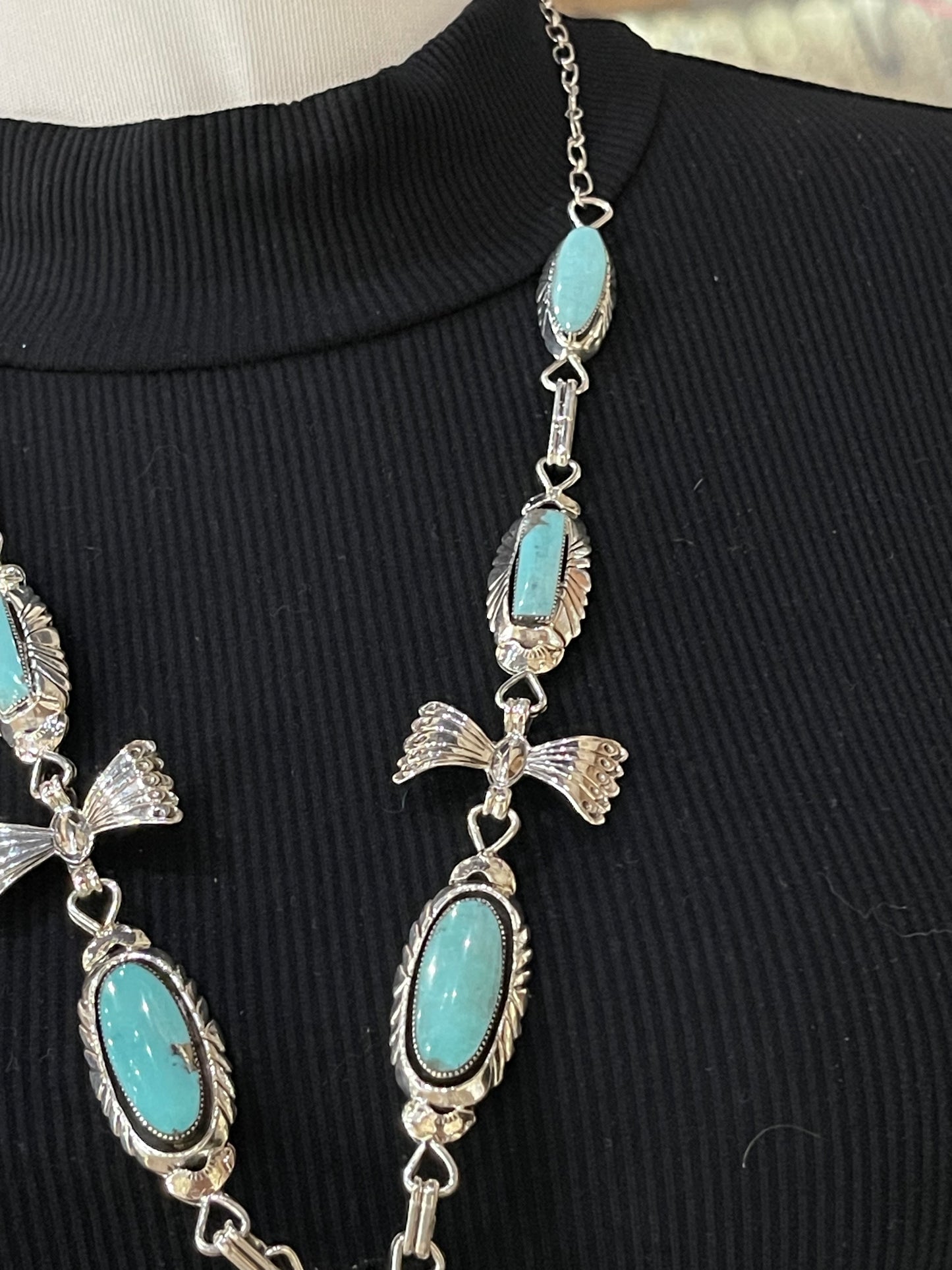 26"+5 1/2" Kingman Turquoise Lariat Bow Necklace by Emerson Delgarito, Navajo