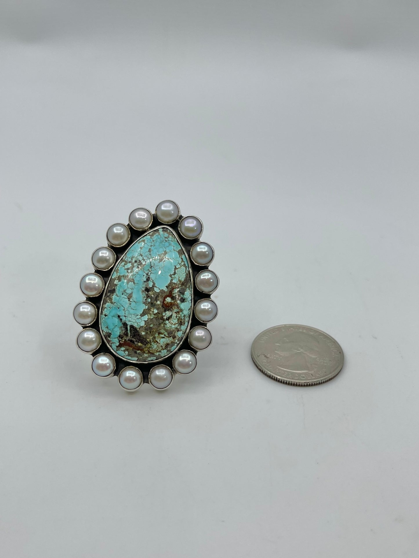 Adjustable Teardrop Kingman Turquoise And Freshwater Pearl Ring