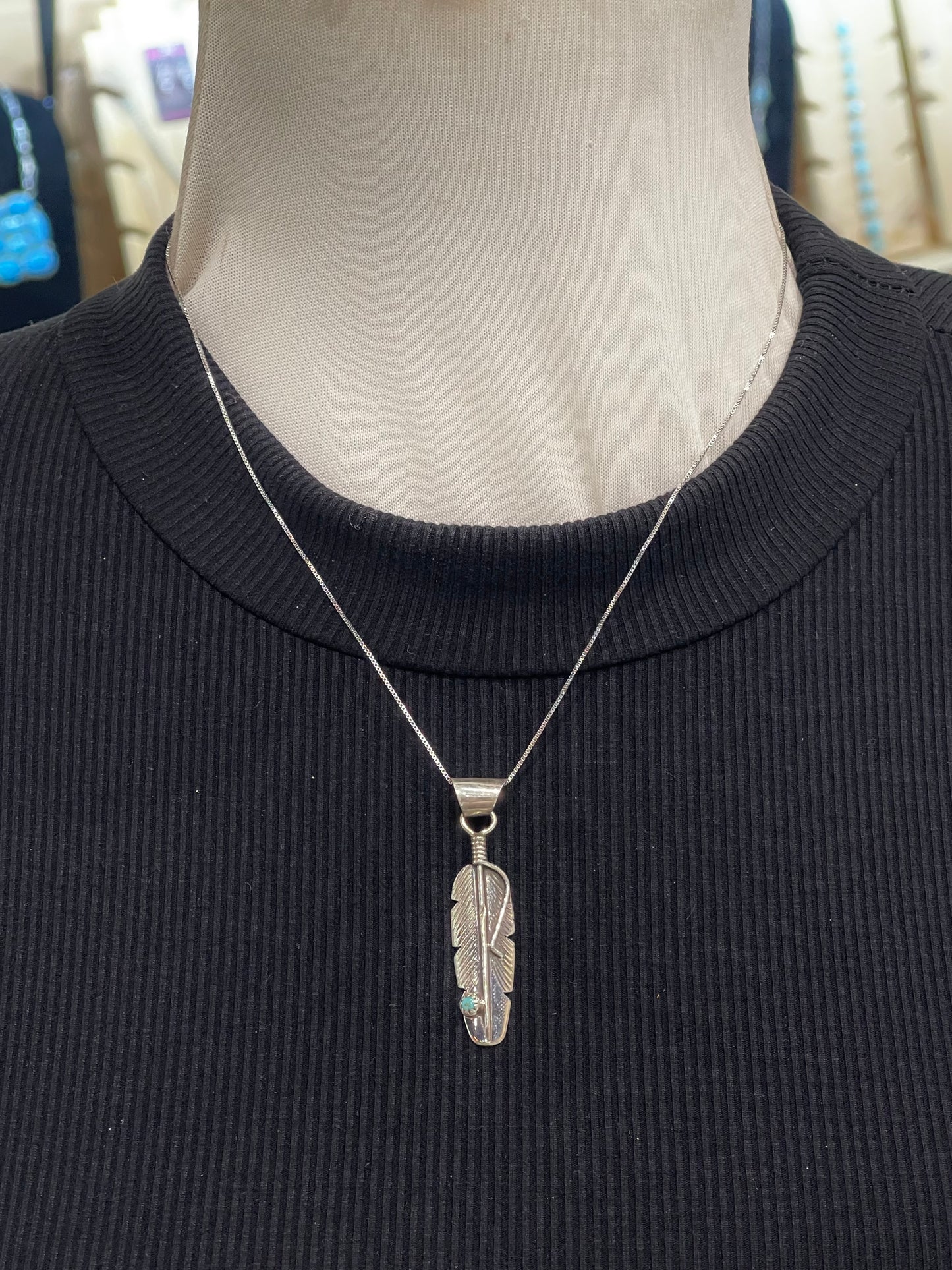 18" Feather Pendant with Turquoise Stone Necklace