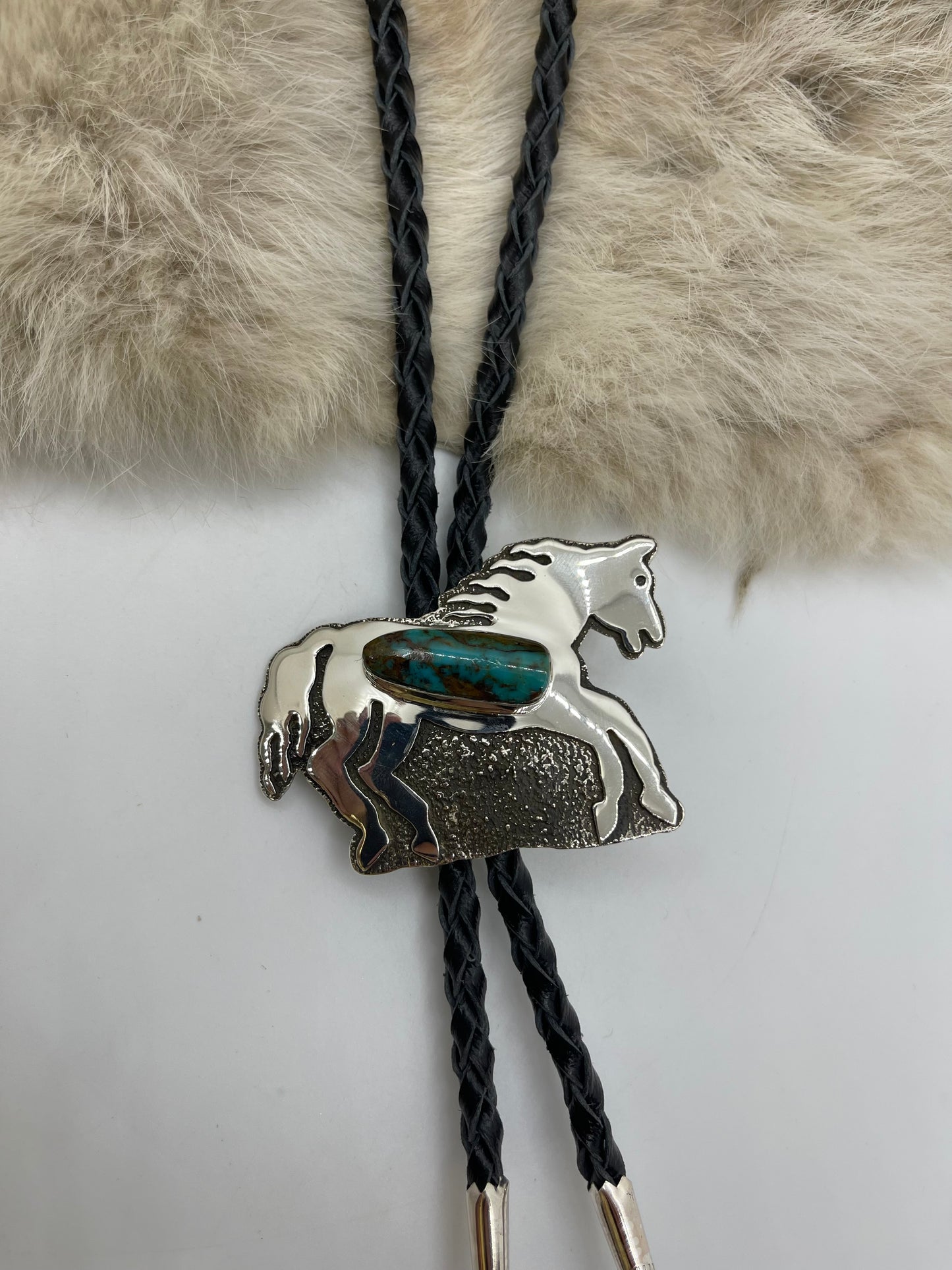 Kingman Turquoise Horse Bolo by Marie Jackson, Navajo