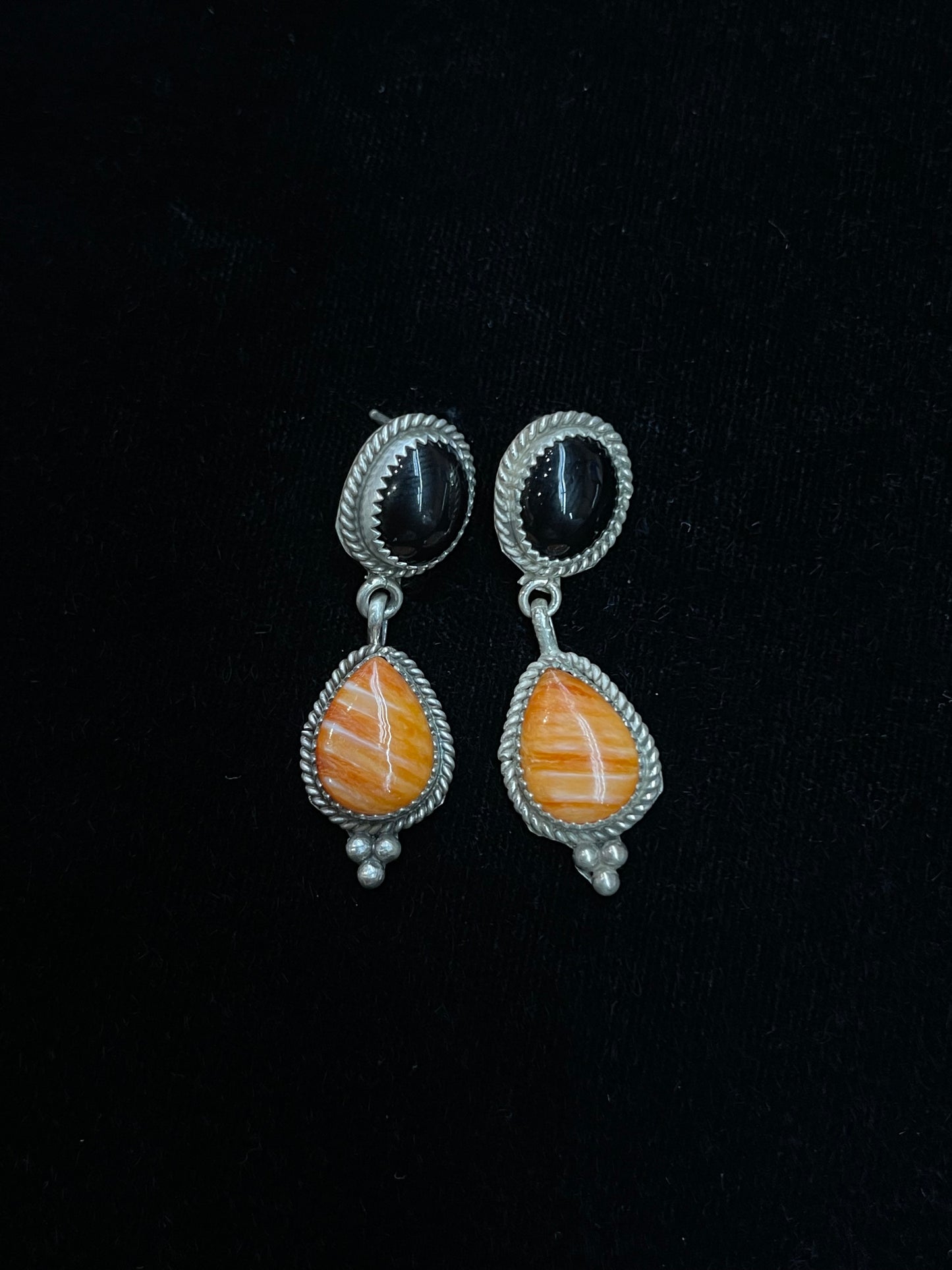 Black Onyx and Spiny Oyster Post Dangle Earrings by Theresa Smith, Navajo