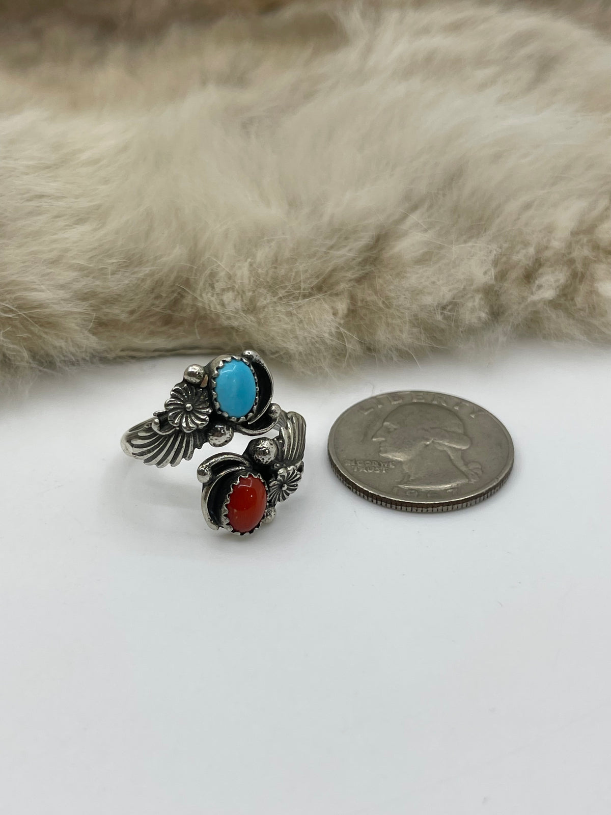 8.0 Semi-Adjustable Red Coral & Turquoise Ring by Ella Belin, Navajo