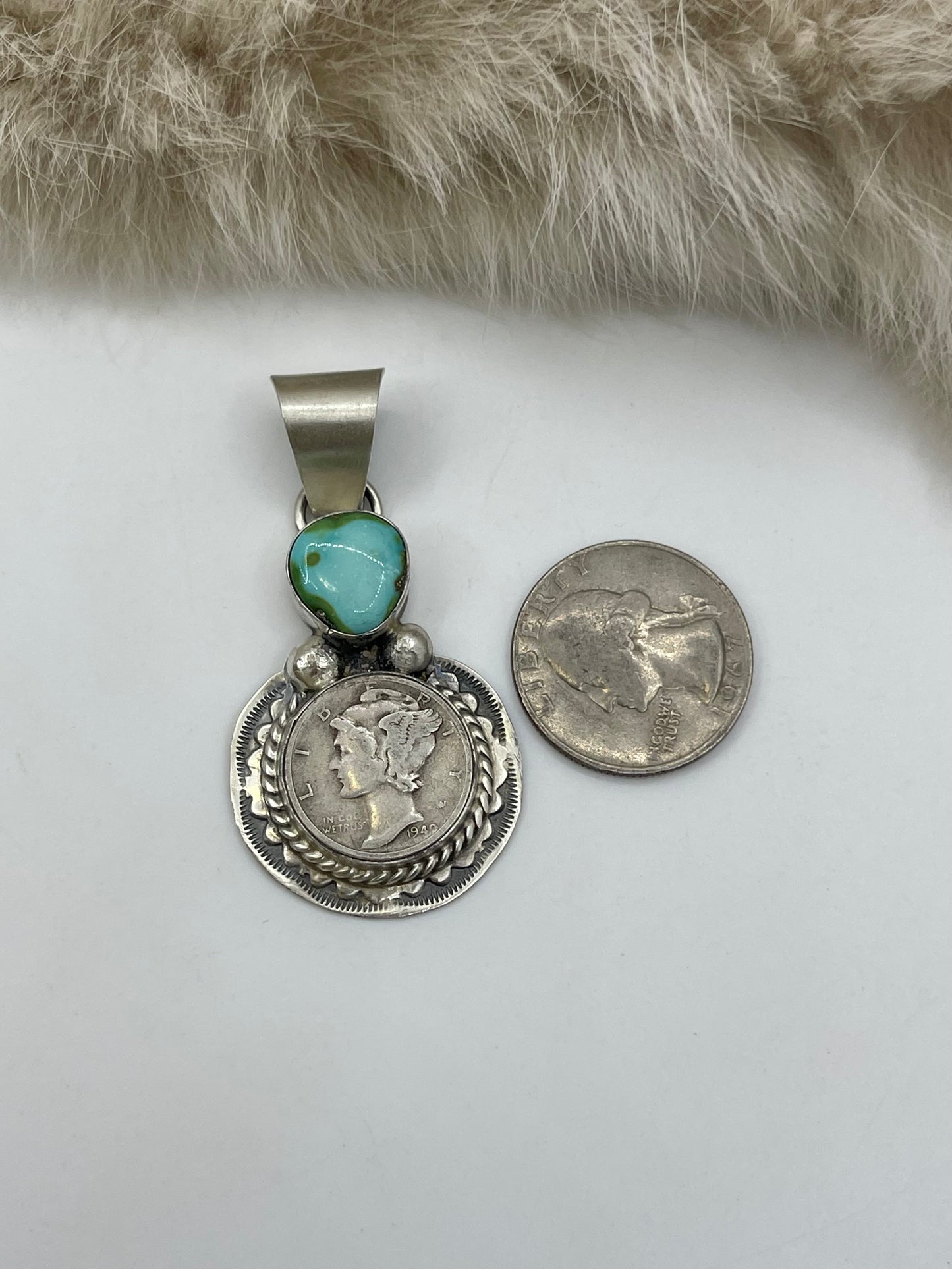 1940 Silver Mercury Dime with Sonoran Gold Turquoise by Harold Joe, Navajo