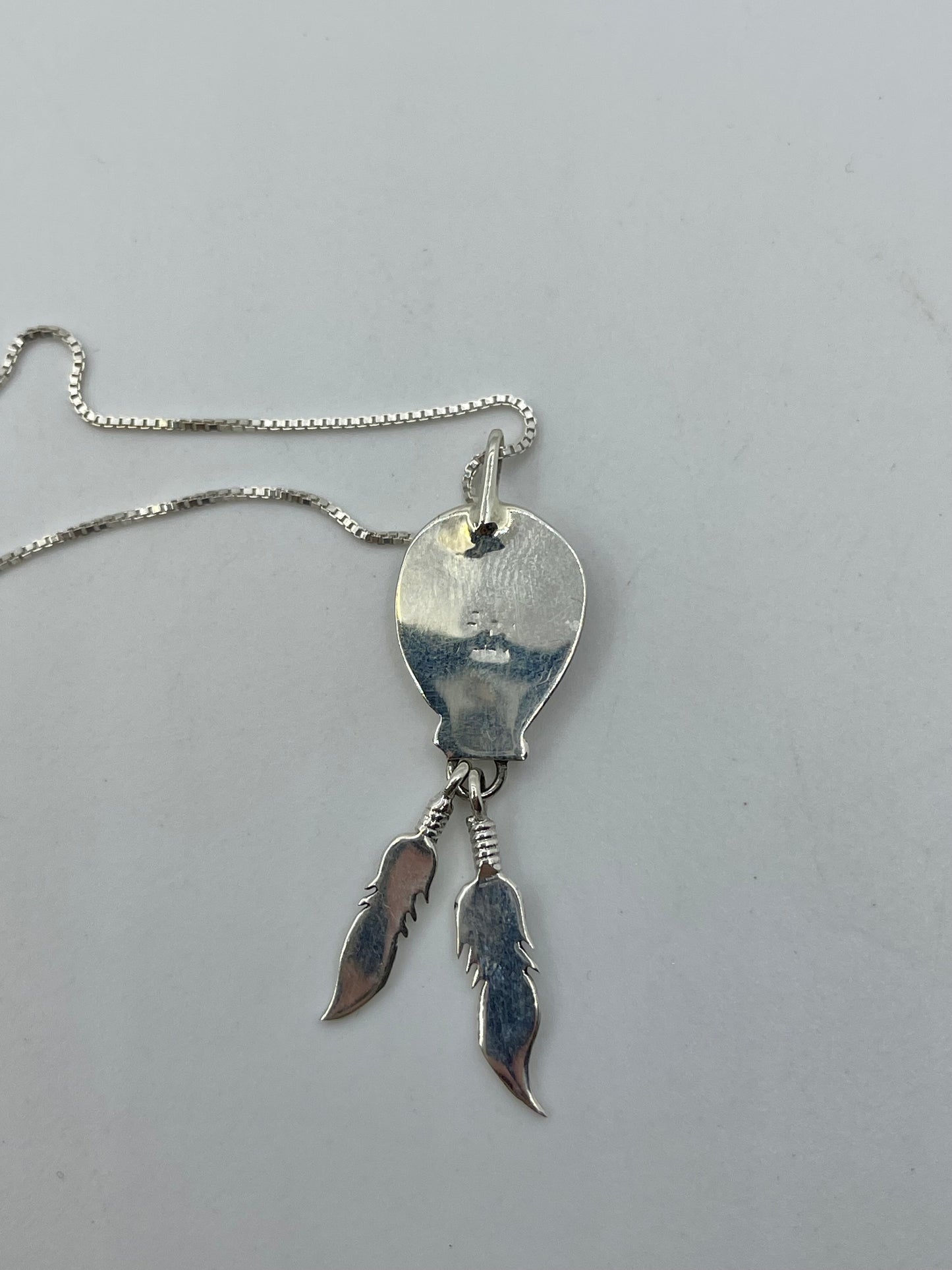 15" Bear Paw Shadowbox Necklace with Hanging Feather Pendant by Annie Spencer