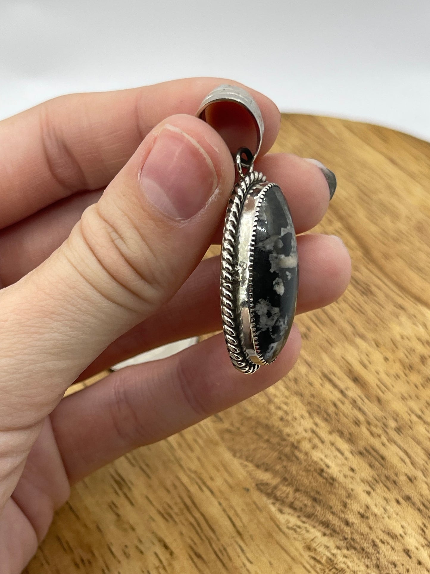 Snowflake Obsidian Oval Pendant with a 7.7mm Bale by Arlene Lewis, Navajo