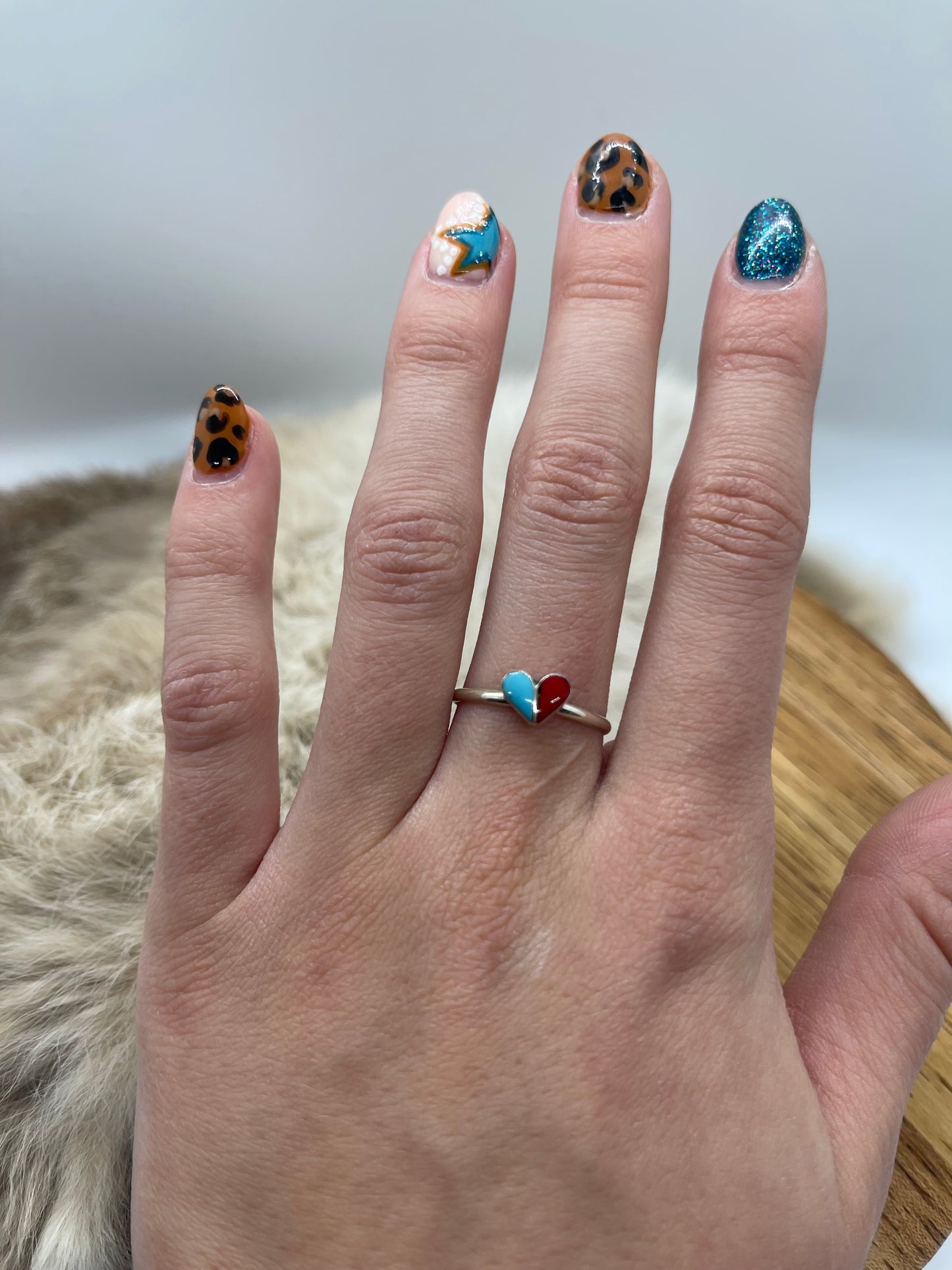 7.0 Inlaid Turquoise and Red Coral Heart Ring, Zuni