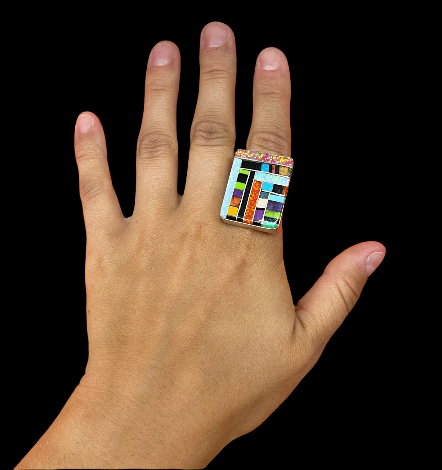 11.0 Opal Multicolor Inlay Ring by Ronald & Petra Chavez, Santo Domingo