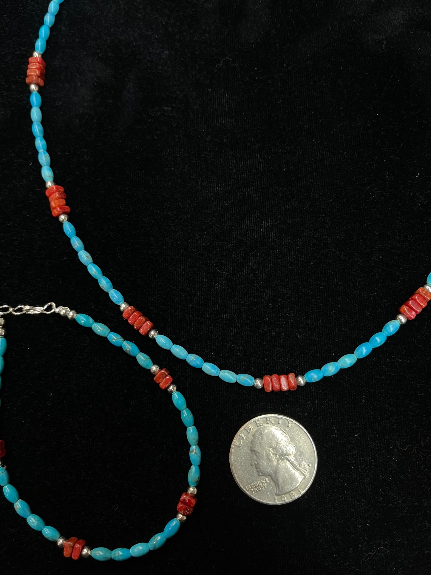 18" Turquoise and Coral Necklace with 7 3/4" Bracelet