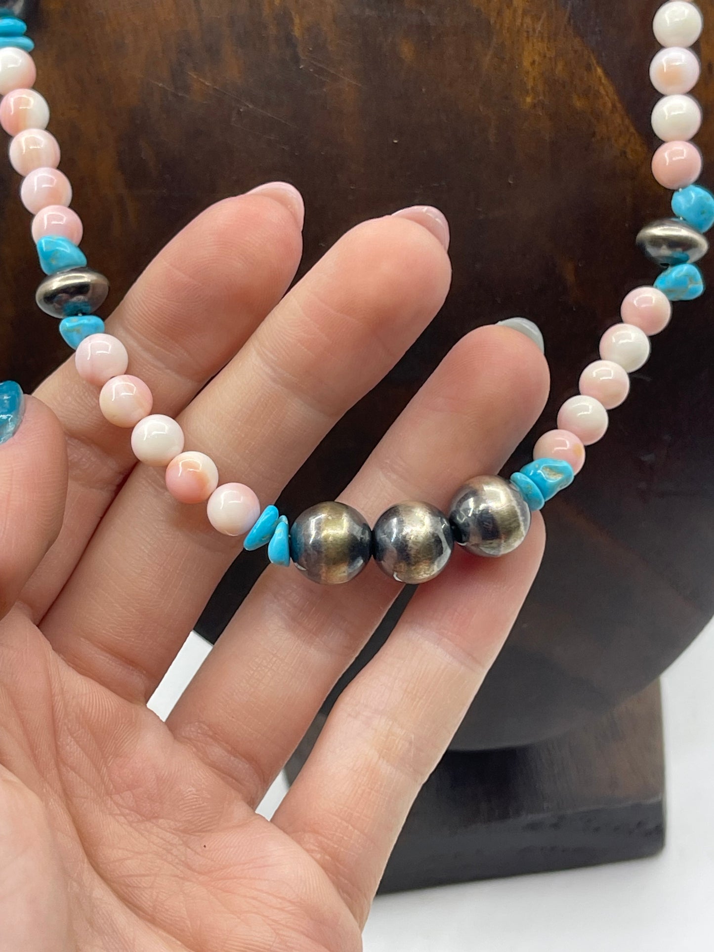 20" Pink Conch Shell and Turquoise Necklace with 10mm Navajo Pearls