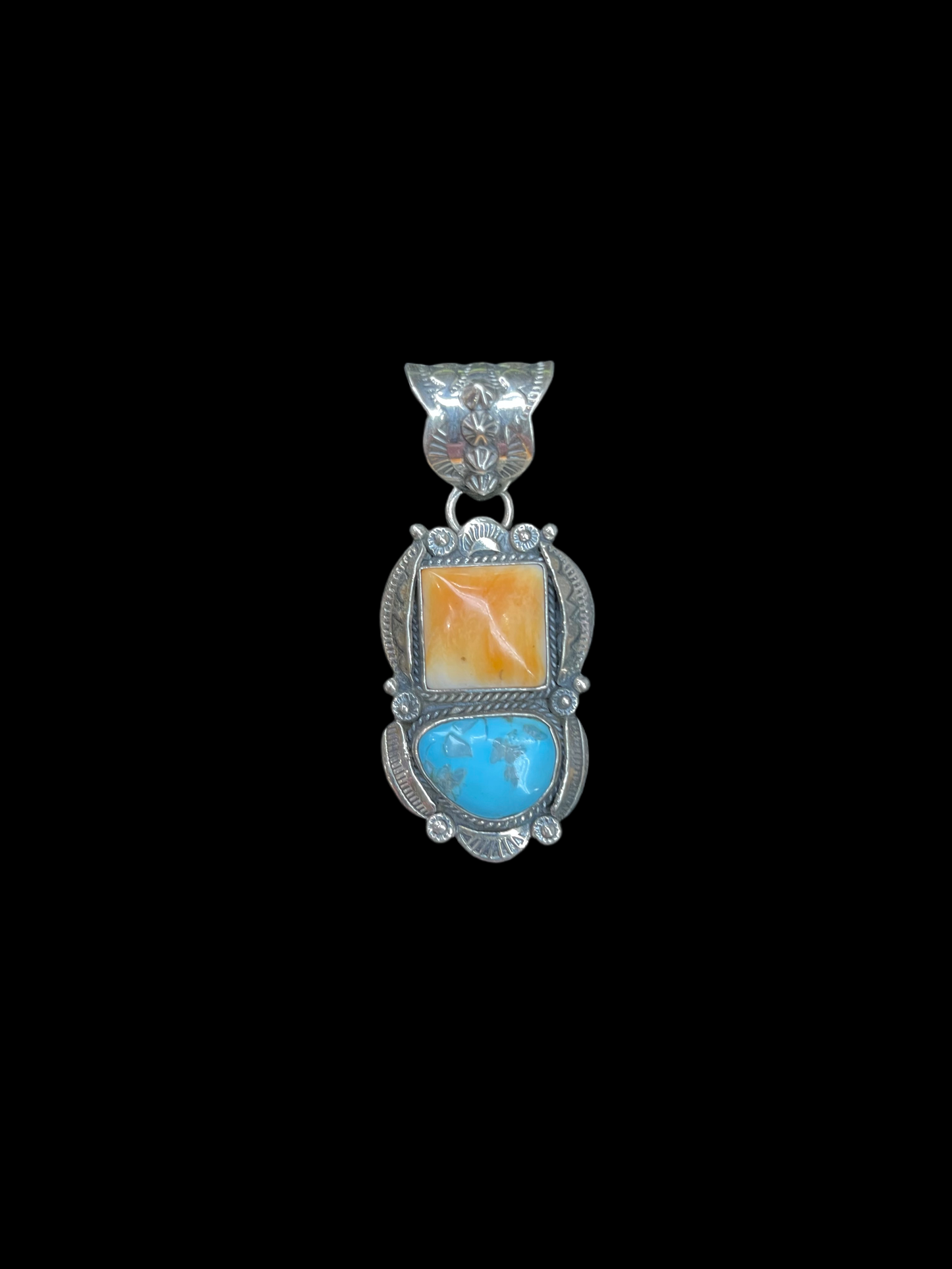 2 Stone Orange Spiny Oyster Shell and Turquoise Pendant