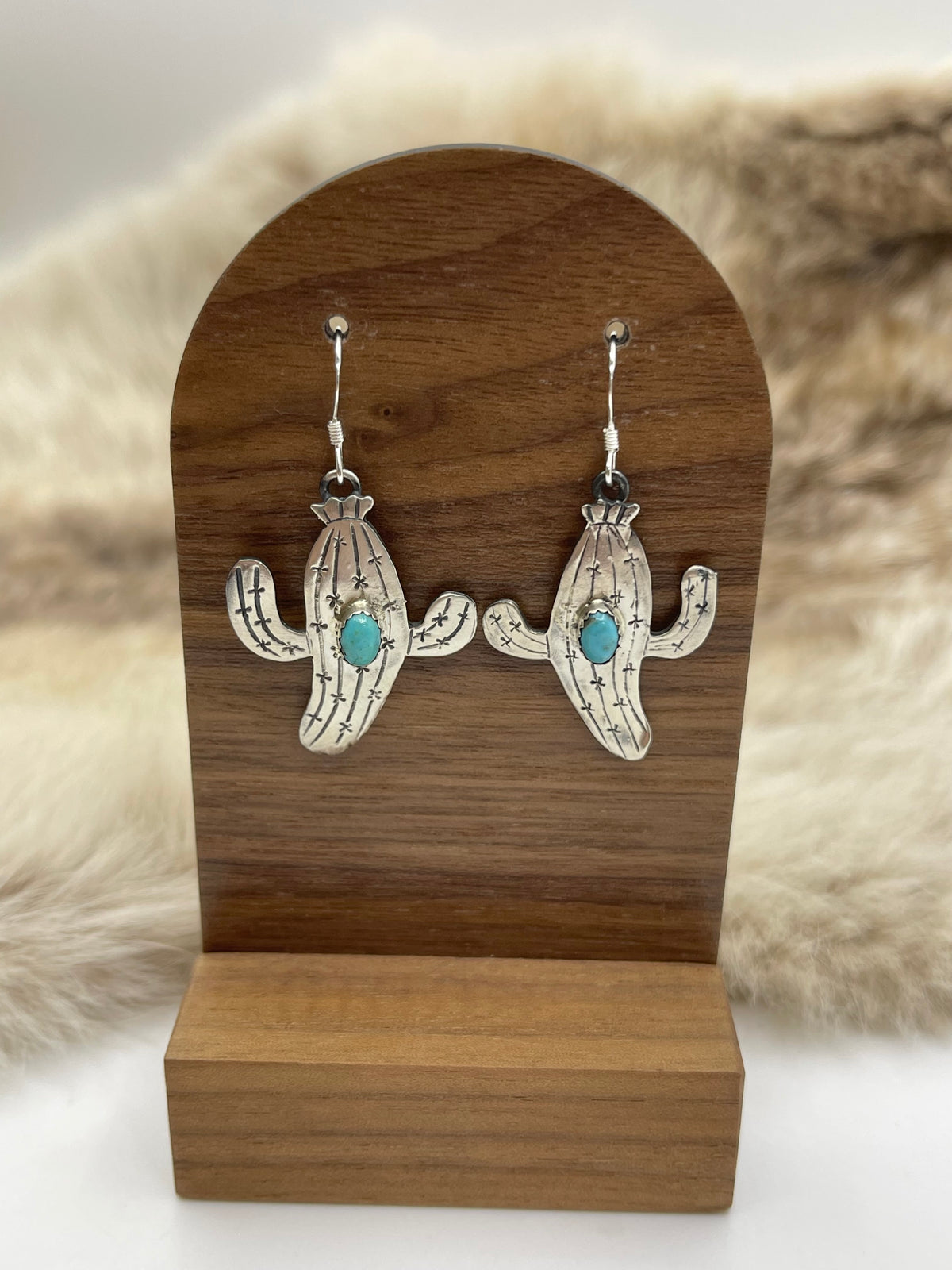 Cactus Dangle Earrings with Turquoise Stone by Jeremy Lee, Navajo