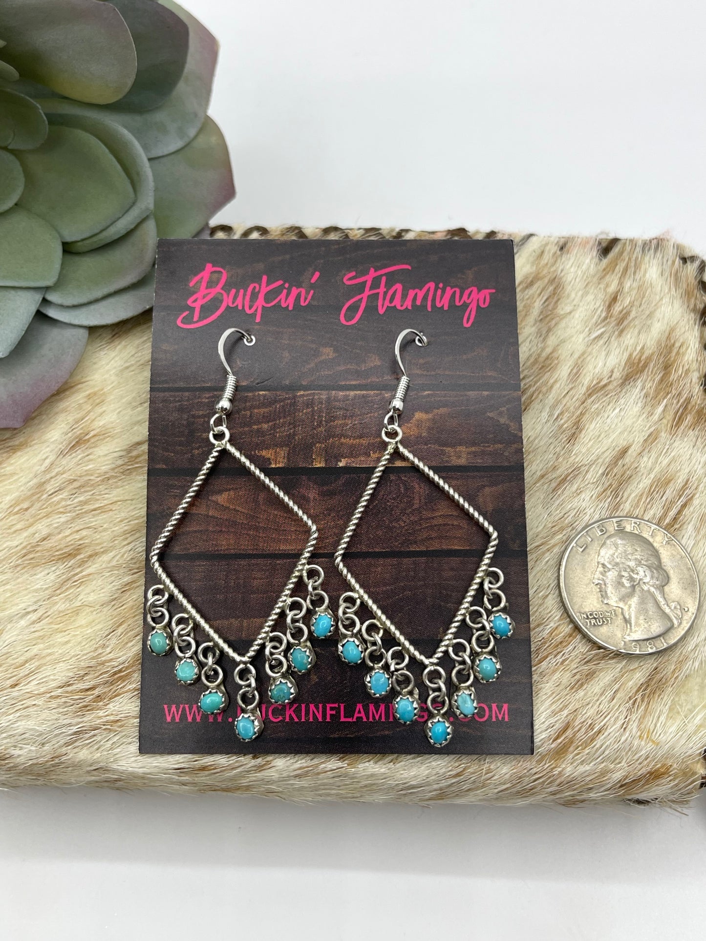 Turquoise Fringe Picture Frame Dangle Earrings, Zuni Made