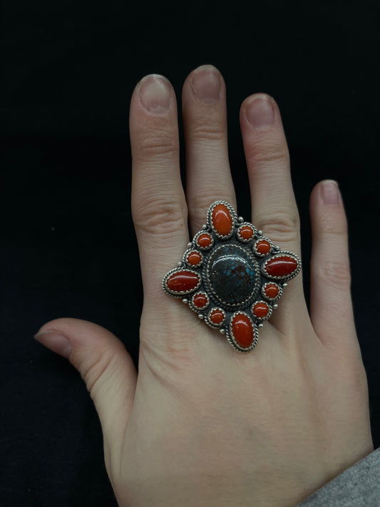 Adjustable Red Coral and Bisbee Turquoise Cluster Ring by Kevin Nez, Navajo