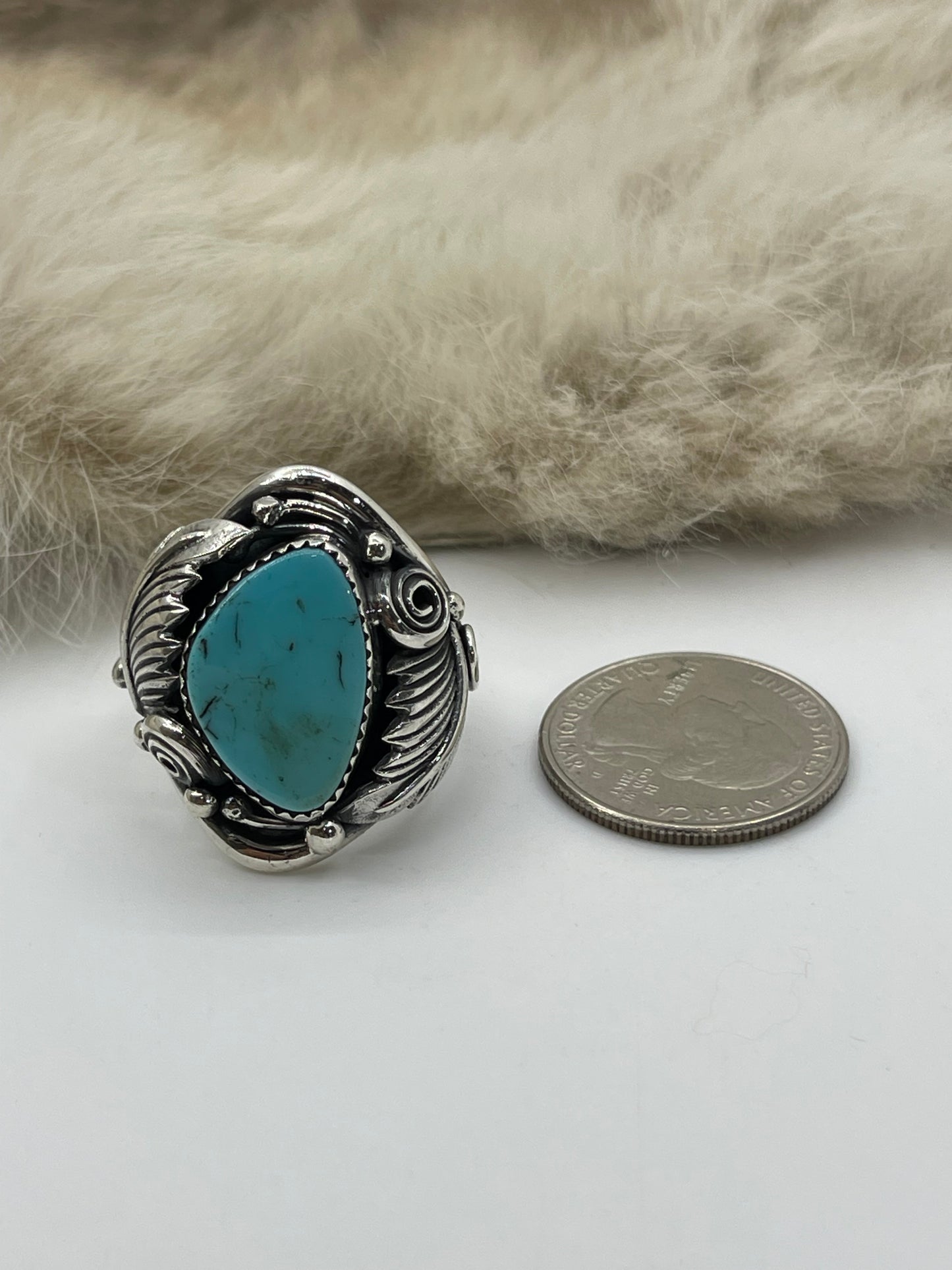 11.0 Turquoise Ring with Feather by Darrell Morgan, Navajo