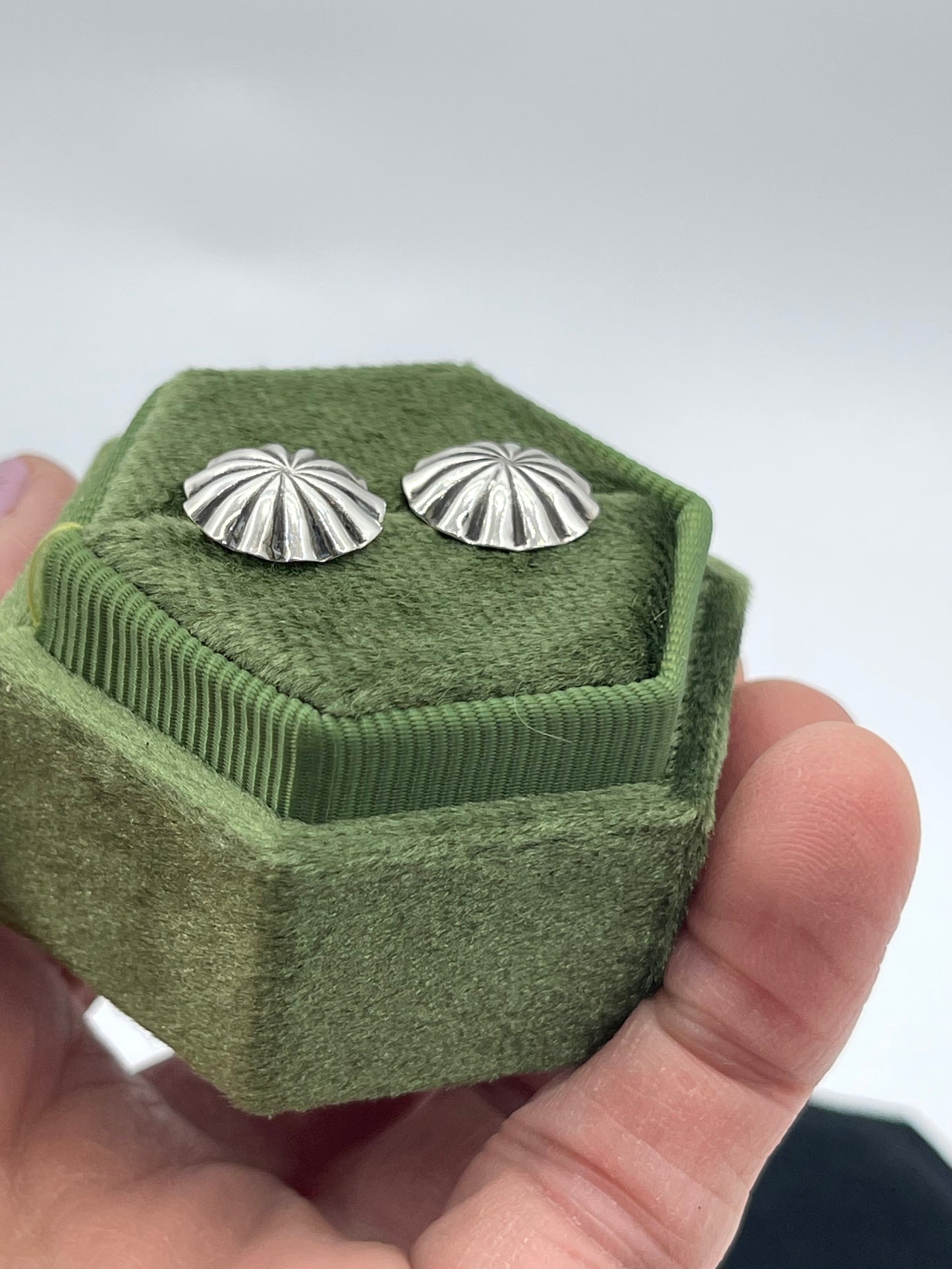 Small Silver Concho Stud Earrings by Sally Shurley, Navajo