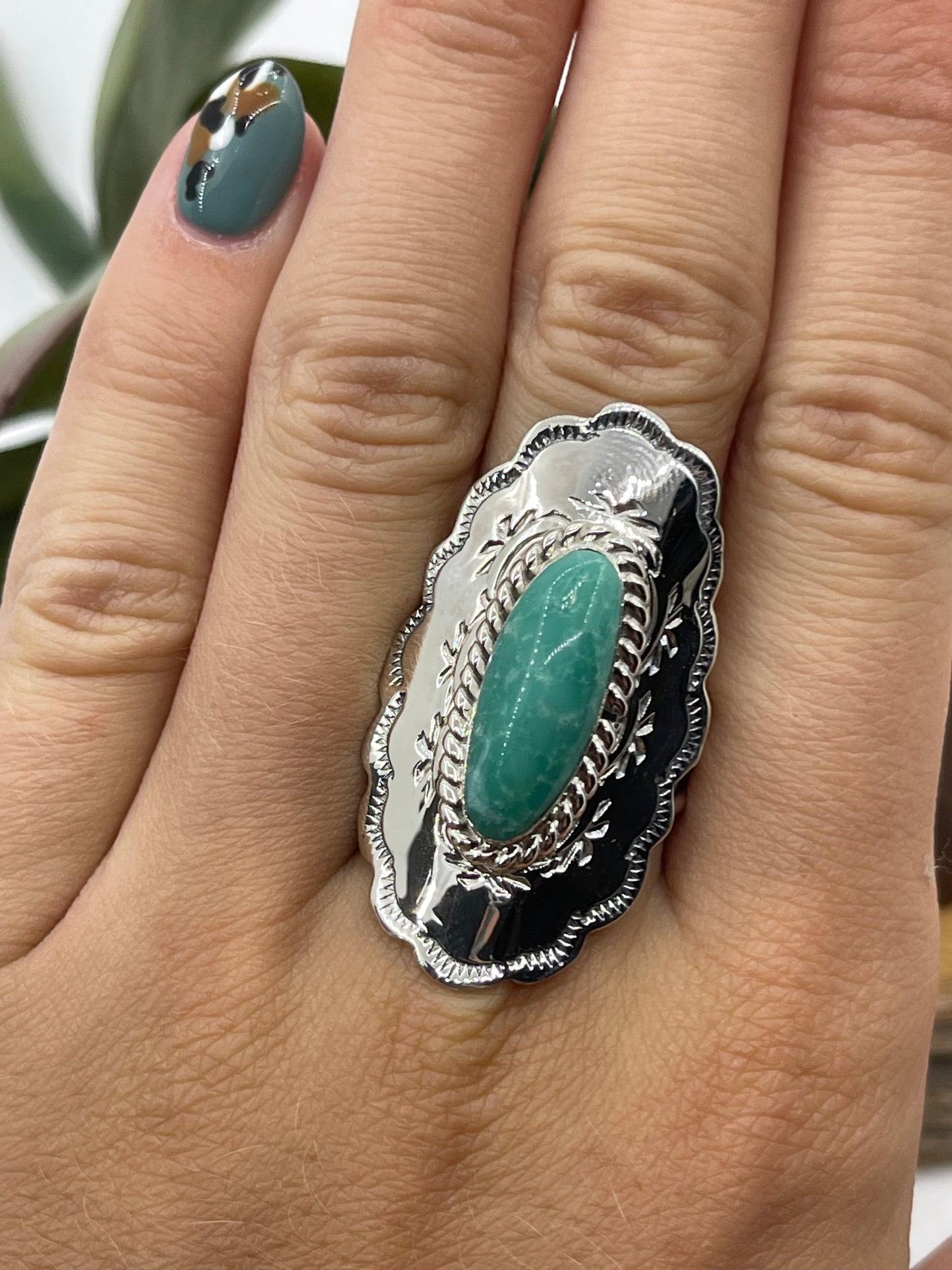 7.0 Kingman Turquoise Concho Ring by Charlene Yazzie, Navajo