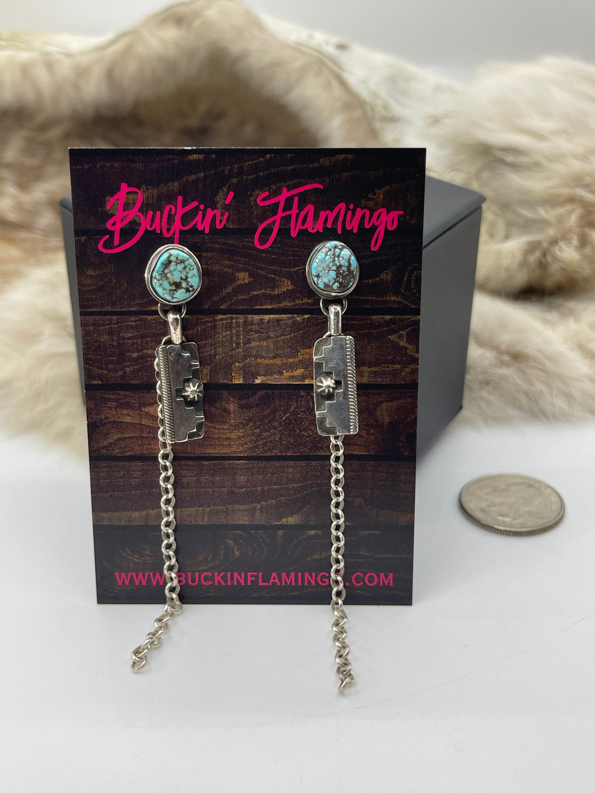 #8 Turquoise with Silver Overlay Design & Chain Earrings