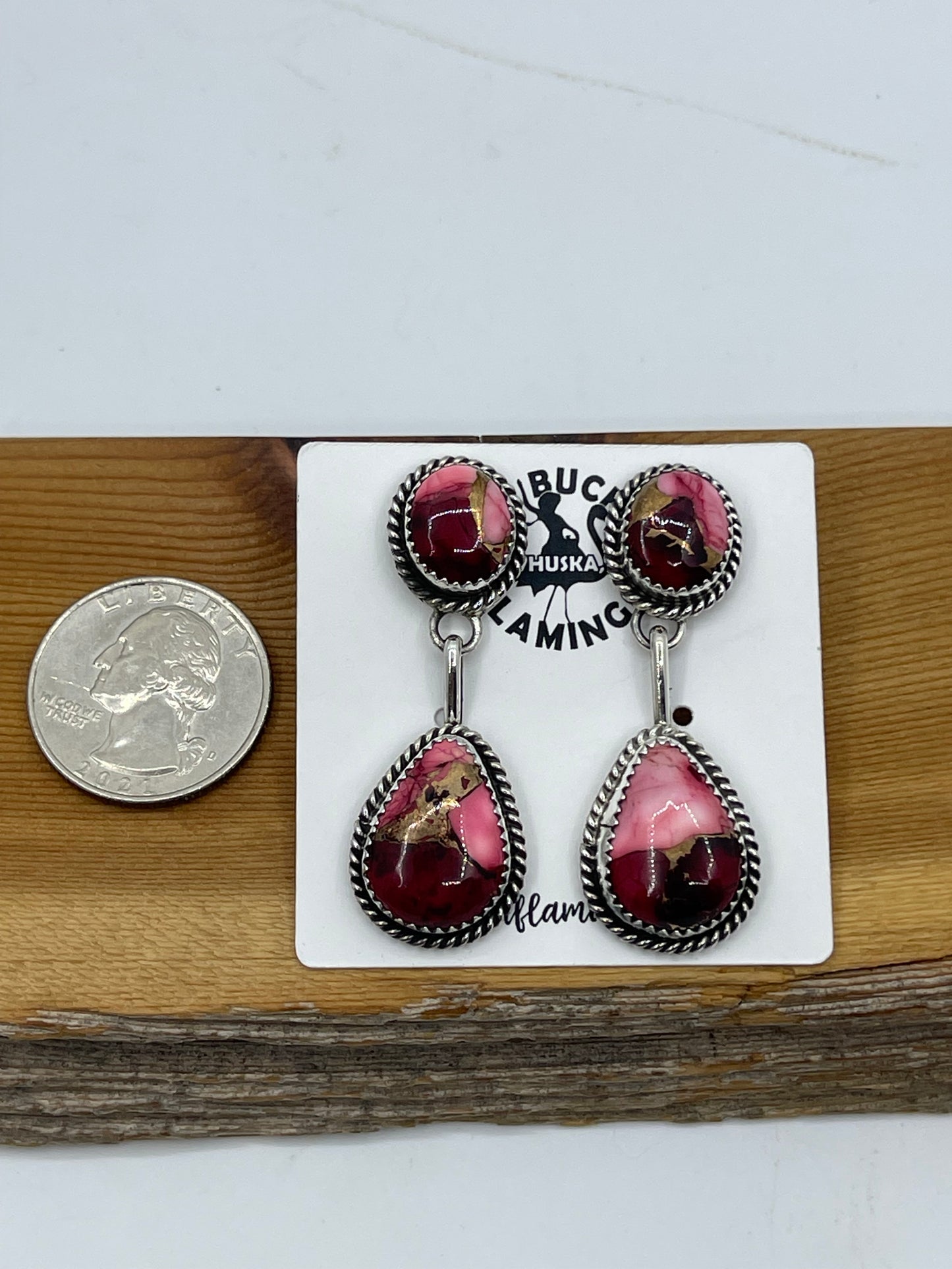 2 Stone Dahlia Rose Drop Post Dangle Earrings by Freda Martinez, Navajo