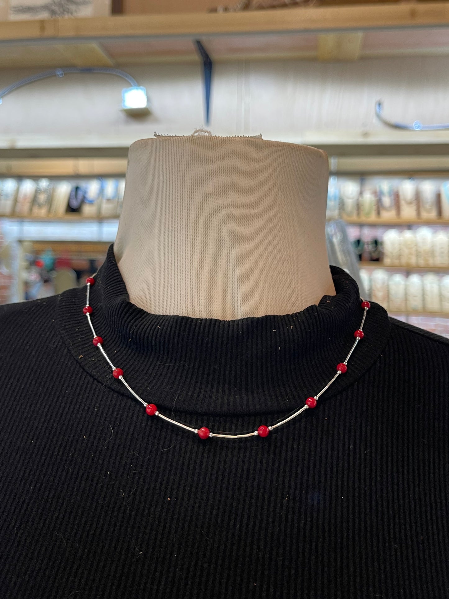 Red Coral 4mm Beads on Liquid Silver 17" Necklace