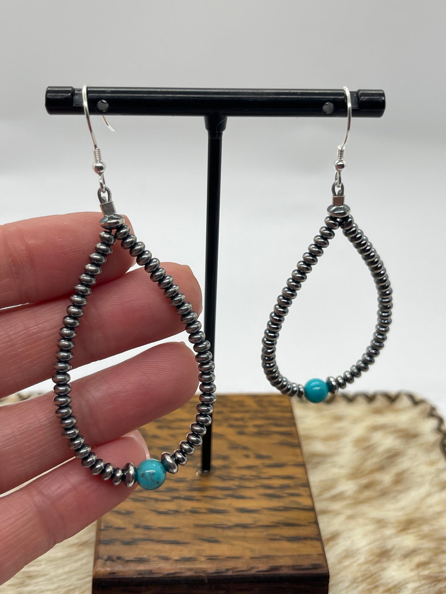 3mm Rondelle Navajo Pearl Teardrop Dangle Earrings with Turquoise, Navajo