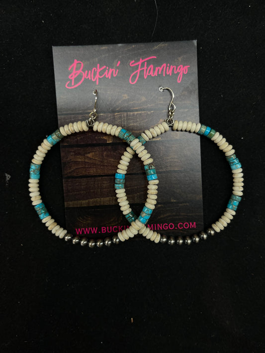 Turquoise Heishi, Melon Shell, and Navajo Pearl Dangle Hoop Earrings