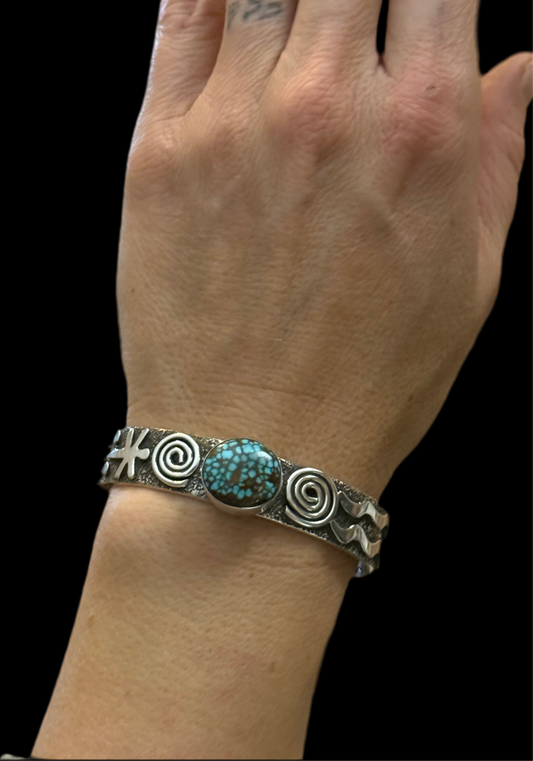 Petroglyph Cuff with Blue Kingman Web Turquoise by Alex Sanchez, Navajo (narrow) (Copy)