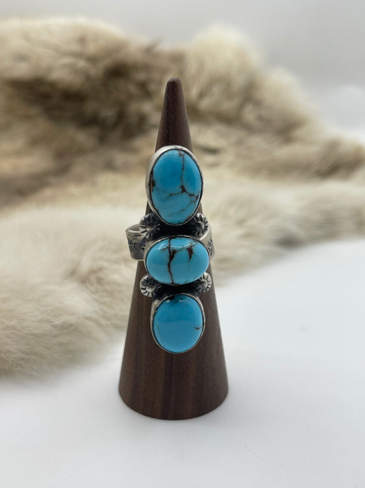 3 Stone Egyptian Turquoise Adjustable Ring (8.0-11.0) by Happy Piasso, Navajo
