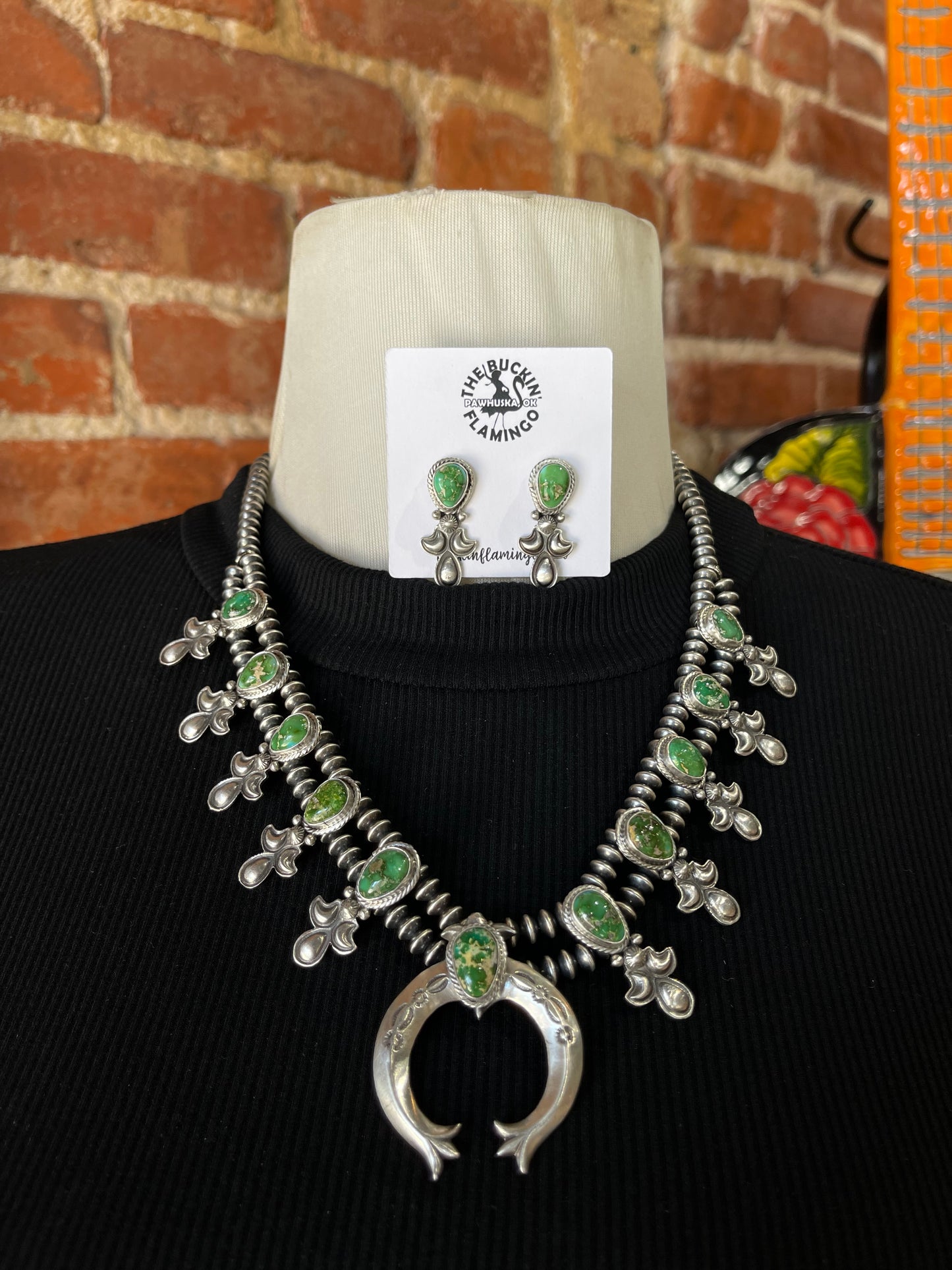 20" Sonoran Gold Turquoise Squash Blossom and Post Earrings Set by Adrienne Gordon, Navajo