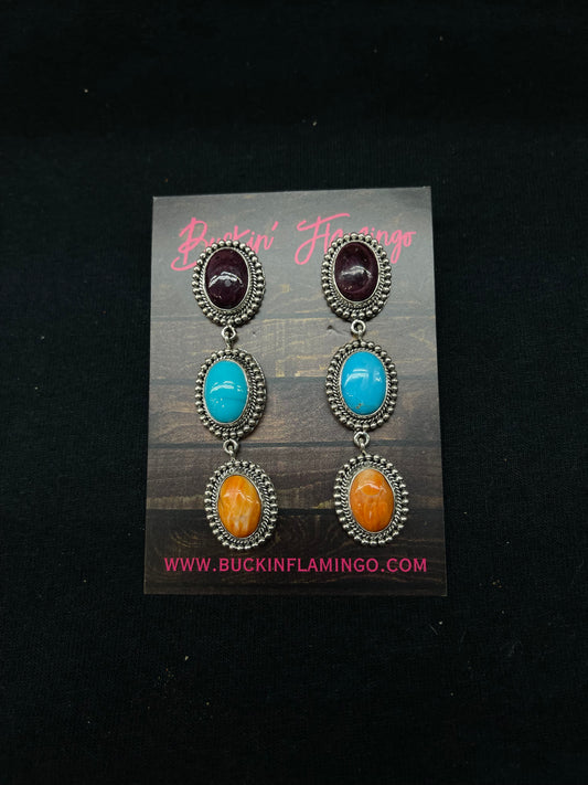 2 3/4" Purple Spiny, Orange Spiny, and Turquoise Post Dangle Linked Earrings by Zia