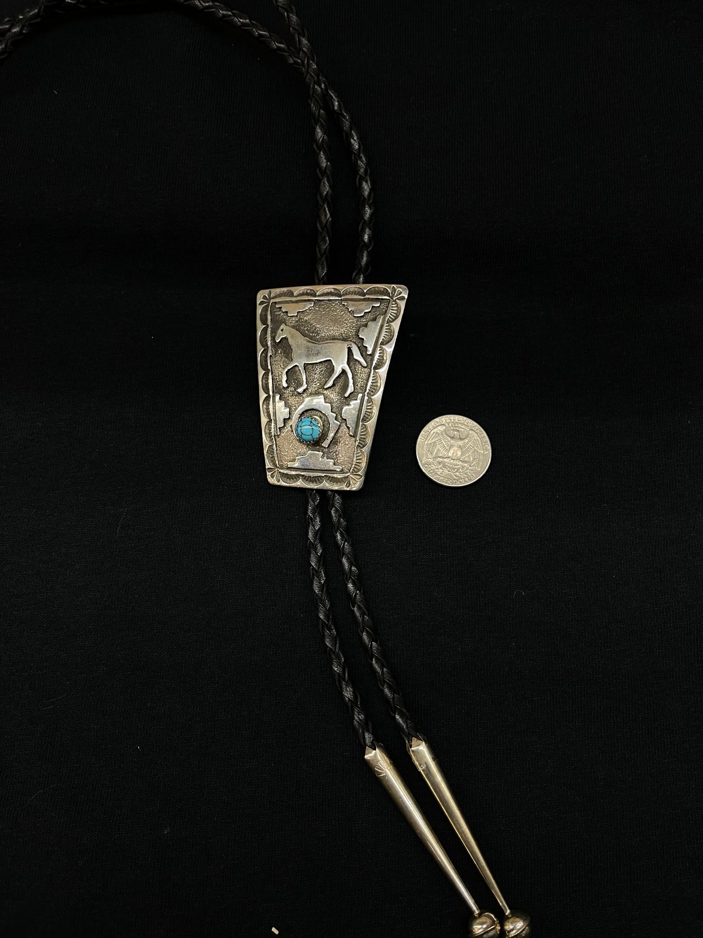 Turquoise Horse Stamped Bolo Tie by Emerson Kinsel, Navajo