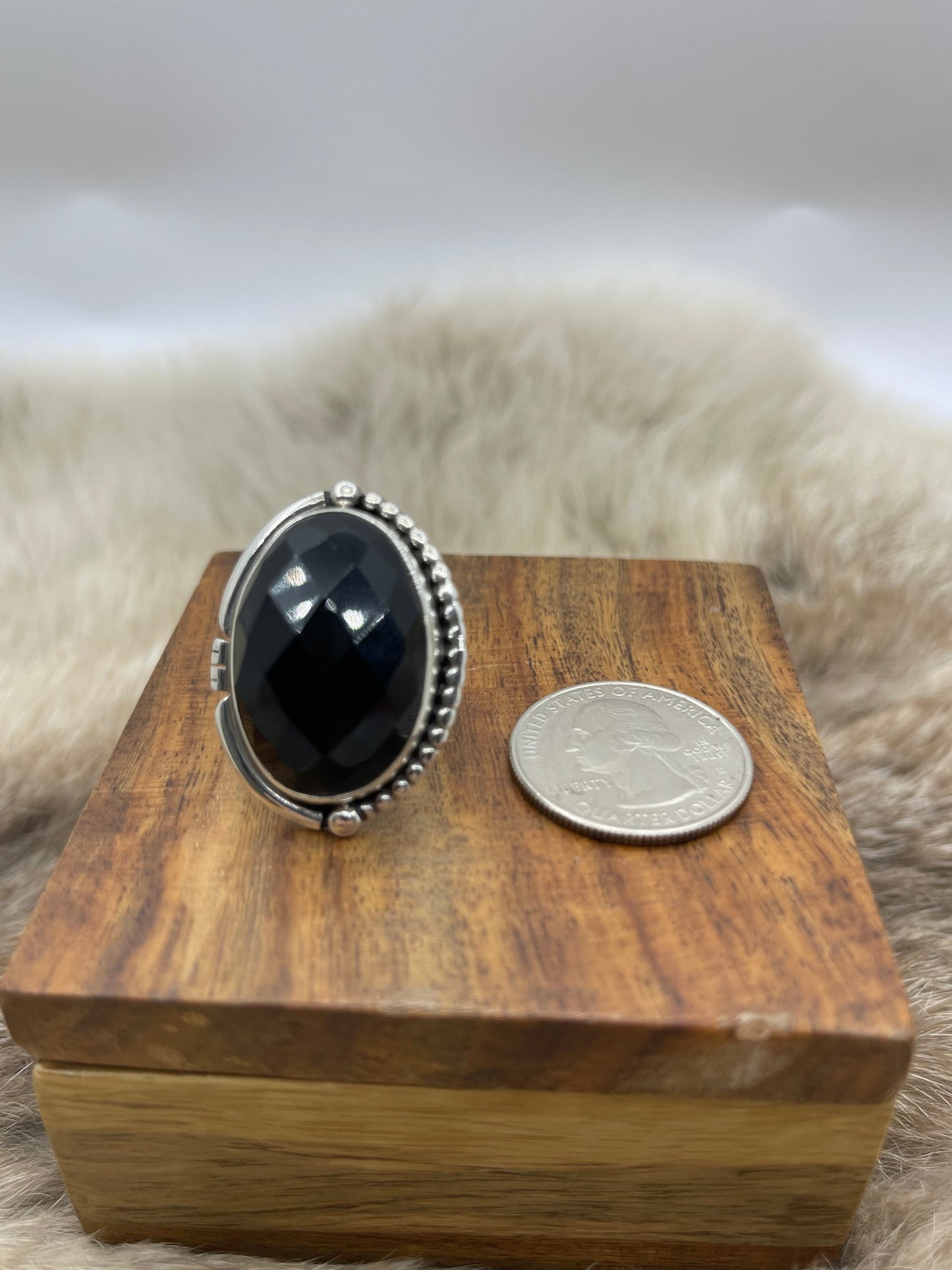 7.0 Faceted Black Onyx Ring By Joelias Draper, Navajo
