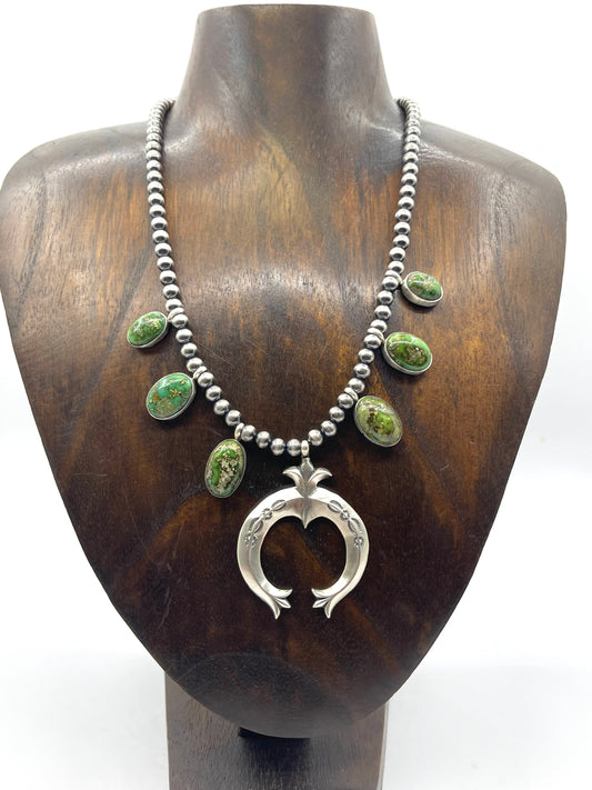 16" Green Sonoran Gold Naja Necklace Small Squash Blossom Necklace by Letricia Largo, Navajo