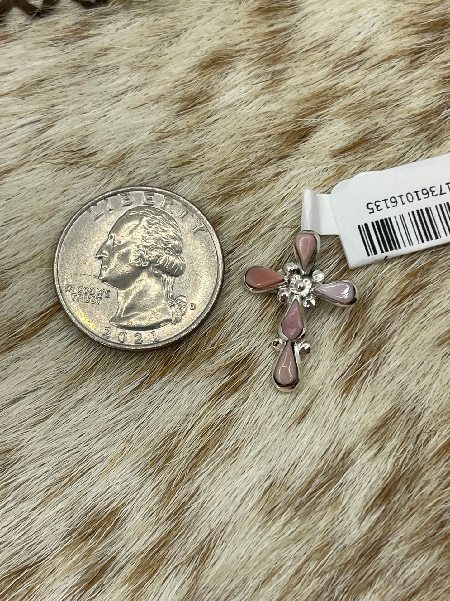 Pink Conch Shell Cross Pendant with a Shepard's Hook by Bryce Vacit, Navajo