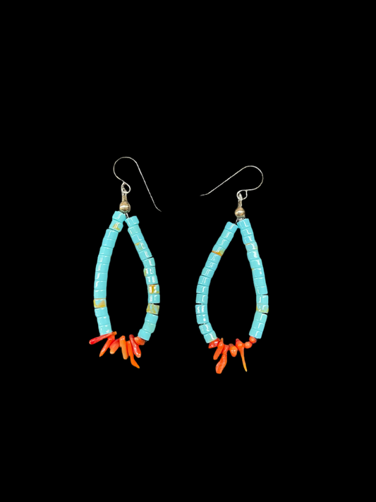 Turquoise Bead and Natural Red Coral Tear Drop Earrings