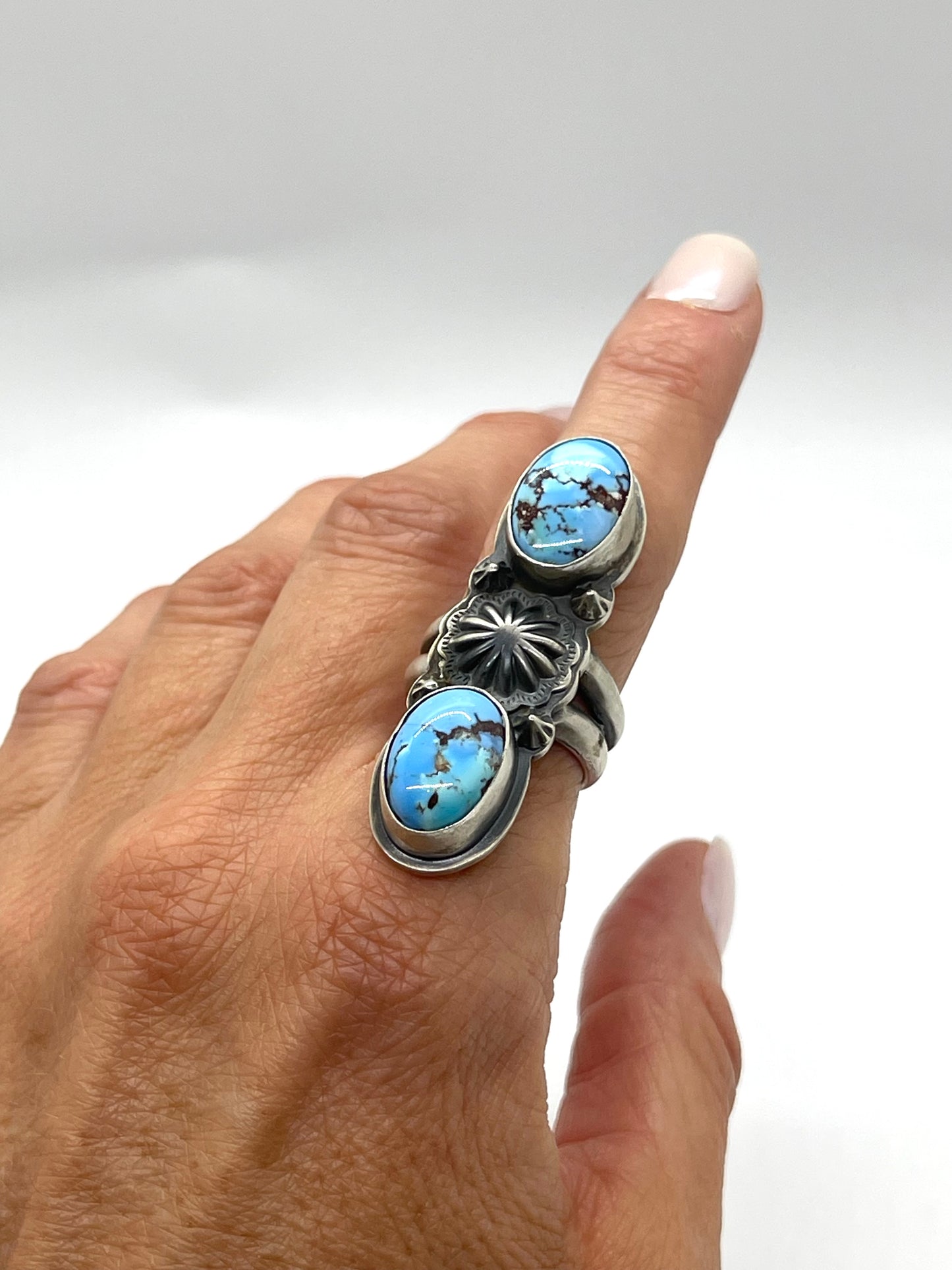 6.5 Golden Hills Turquoise 2 Stone Ring by Calvin Delgarito, Navajo431477